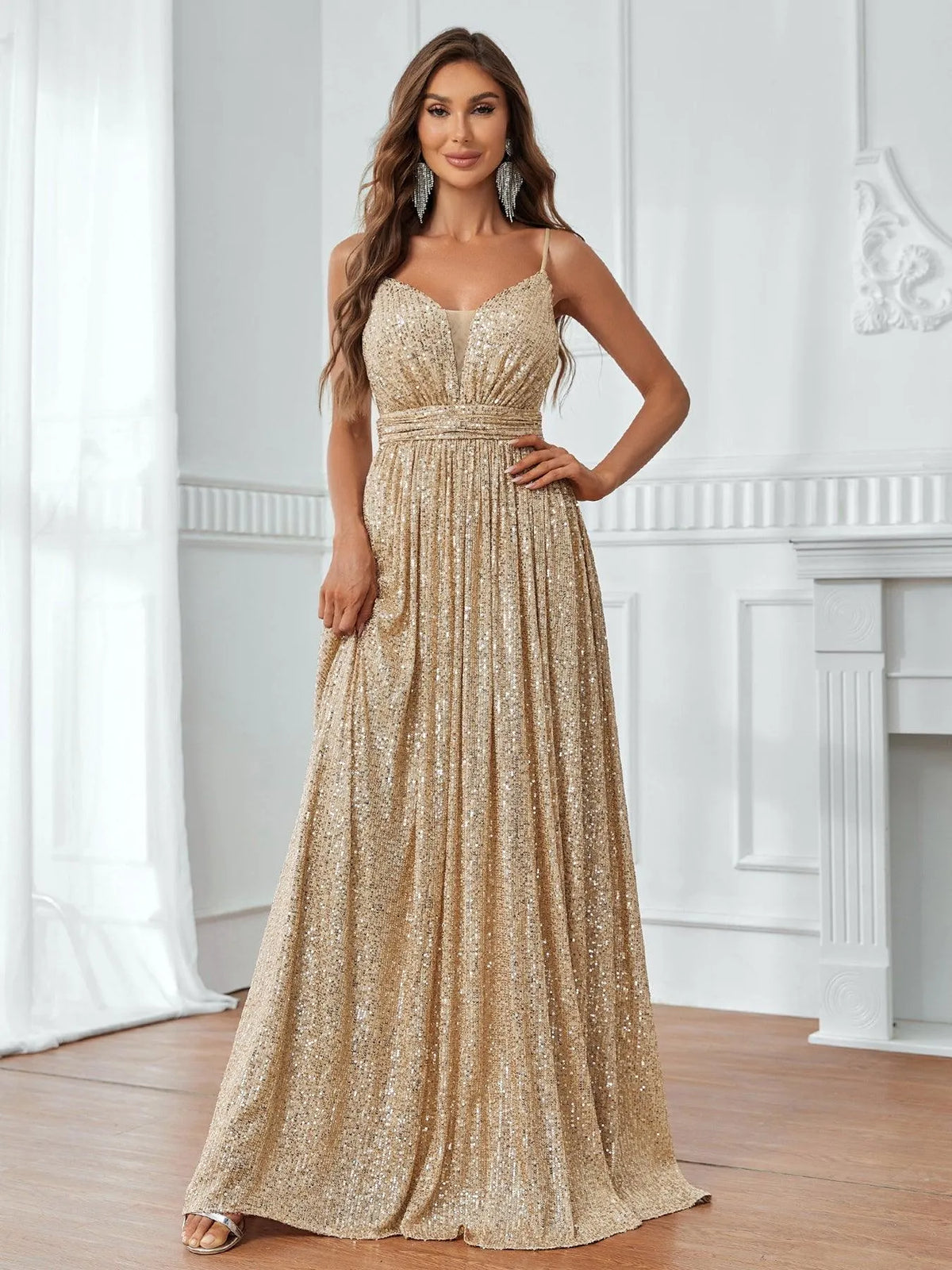 Elegant Plunging Neck A Line Sequin Slip Dress - Elonnashop