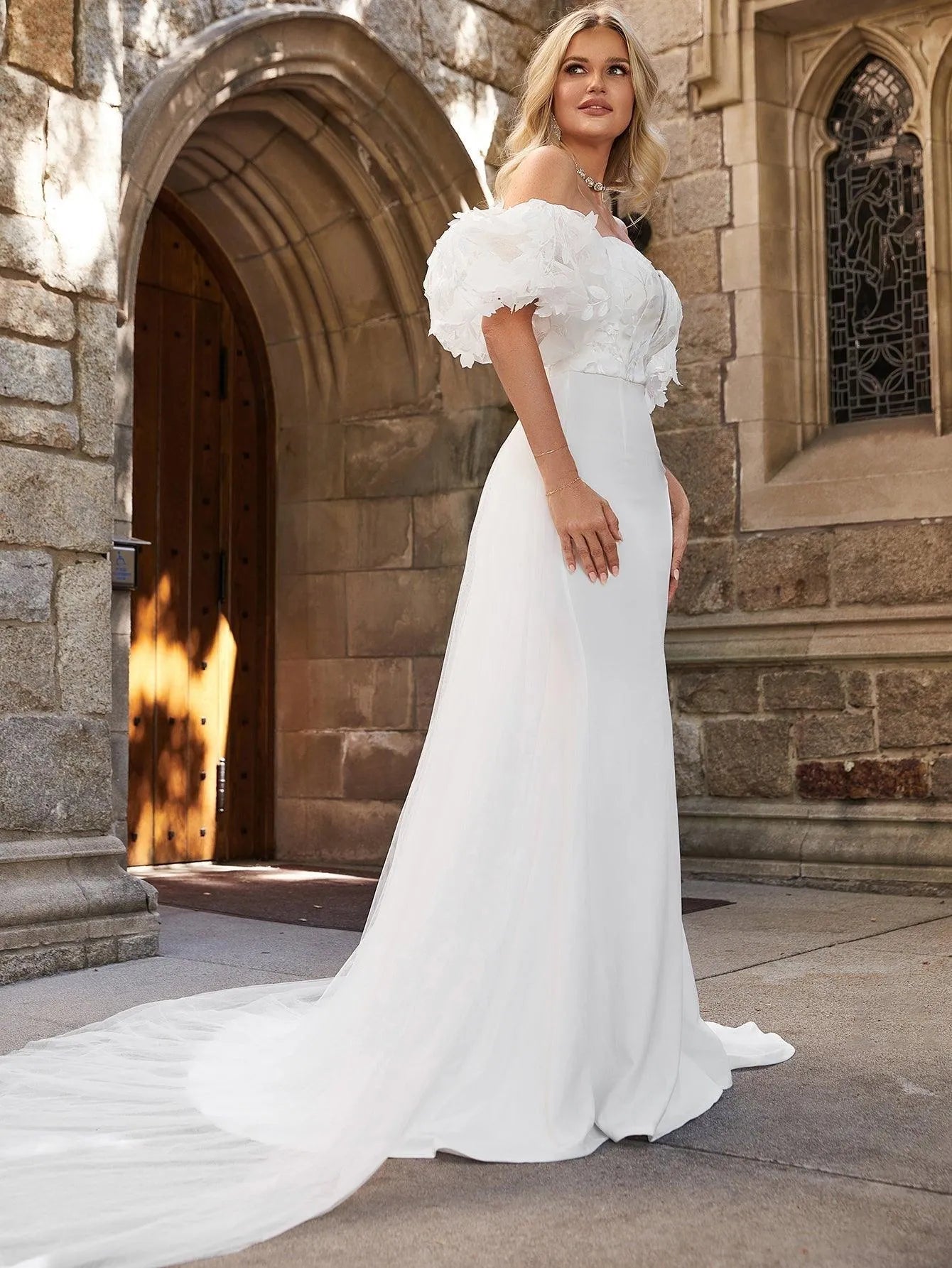 Off Shoulder Puff Sleeves Mesh Overlay Wedding Dress