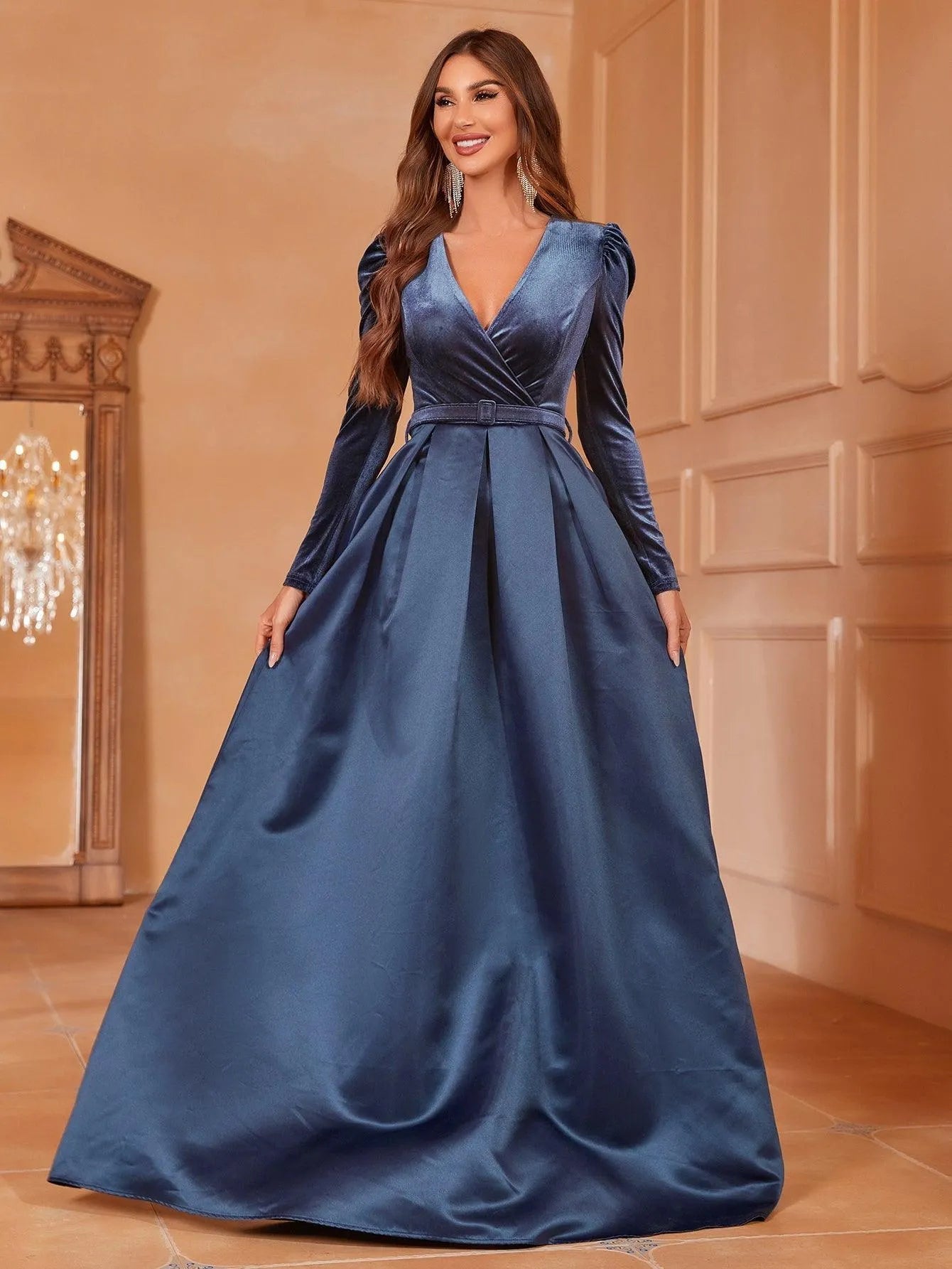 Surplice Neck Long Sleeves Belted Satin A Line Dress