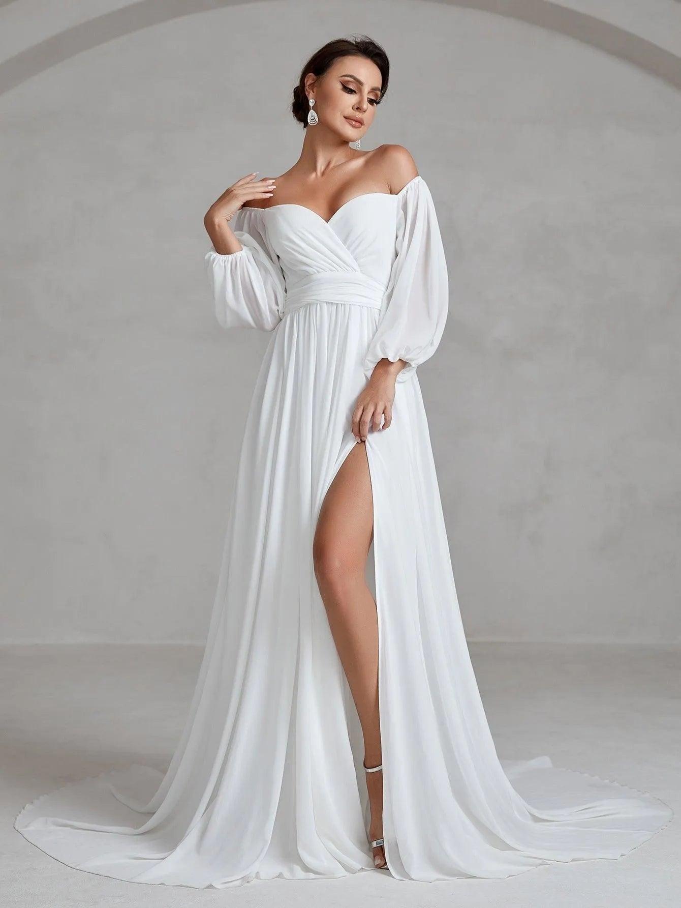 Off Shoulder Lantern Sleeves Chiffon Wedding Dress