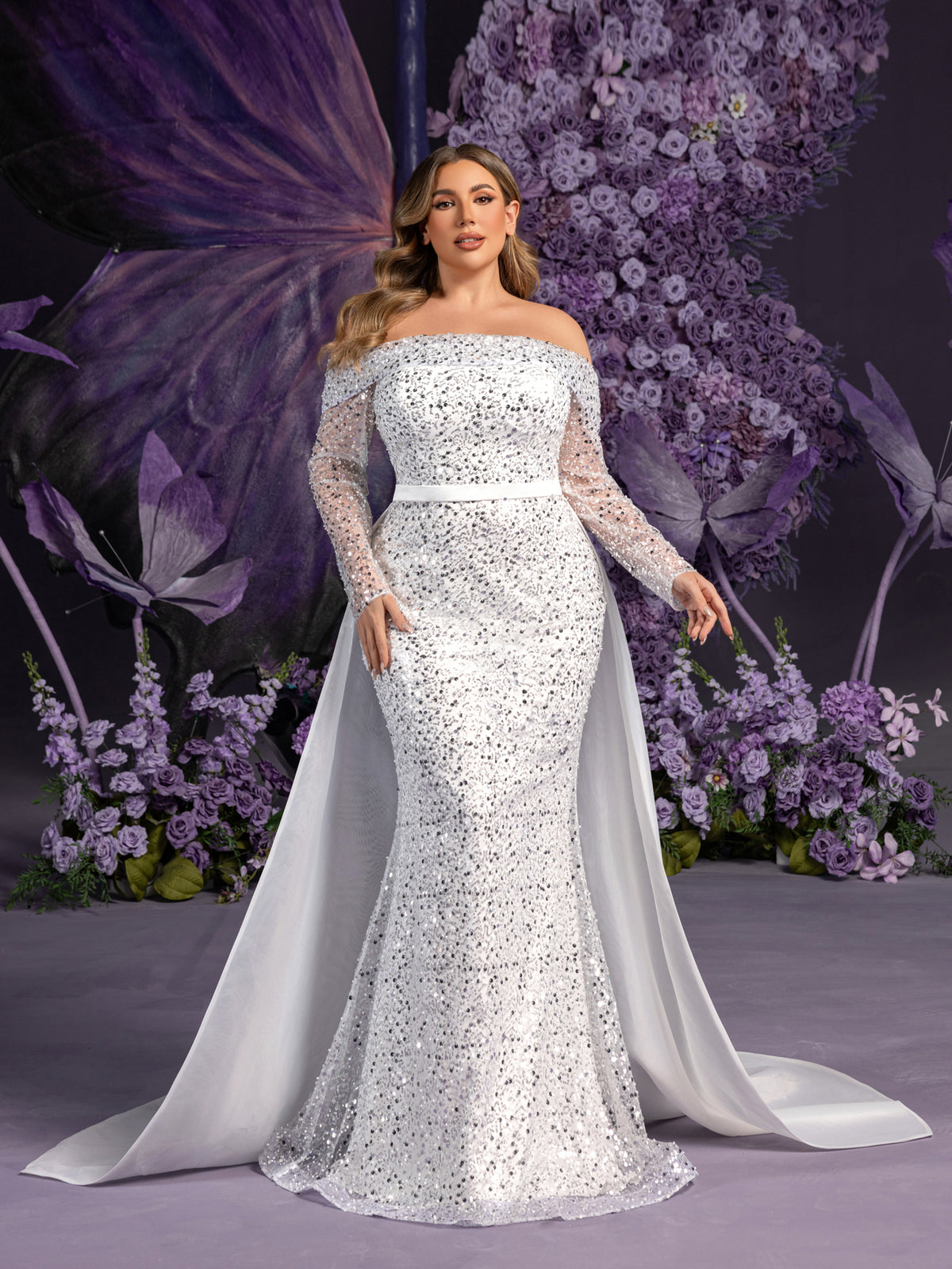 Plus Gorgeous Off Shoulder Sheer Sleeves Mermaid Hem Sequin Wedding Dress with Satin Train