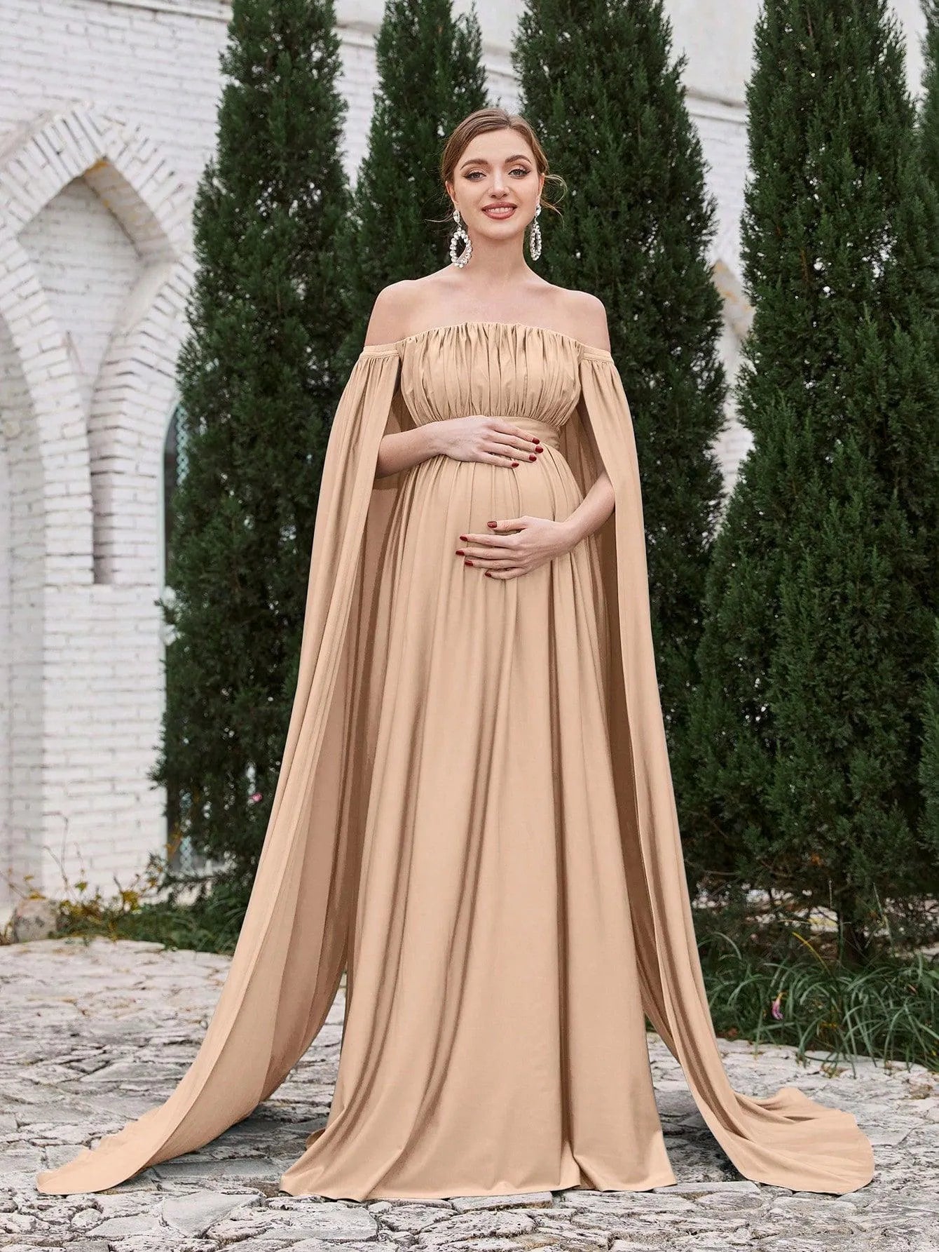 Maternity Off Shoulder Cape Sleeves Maxi Prom Dress