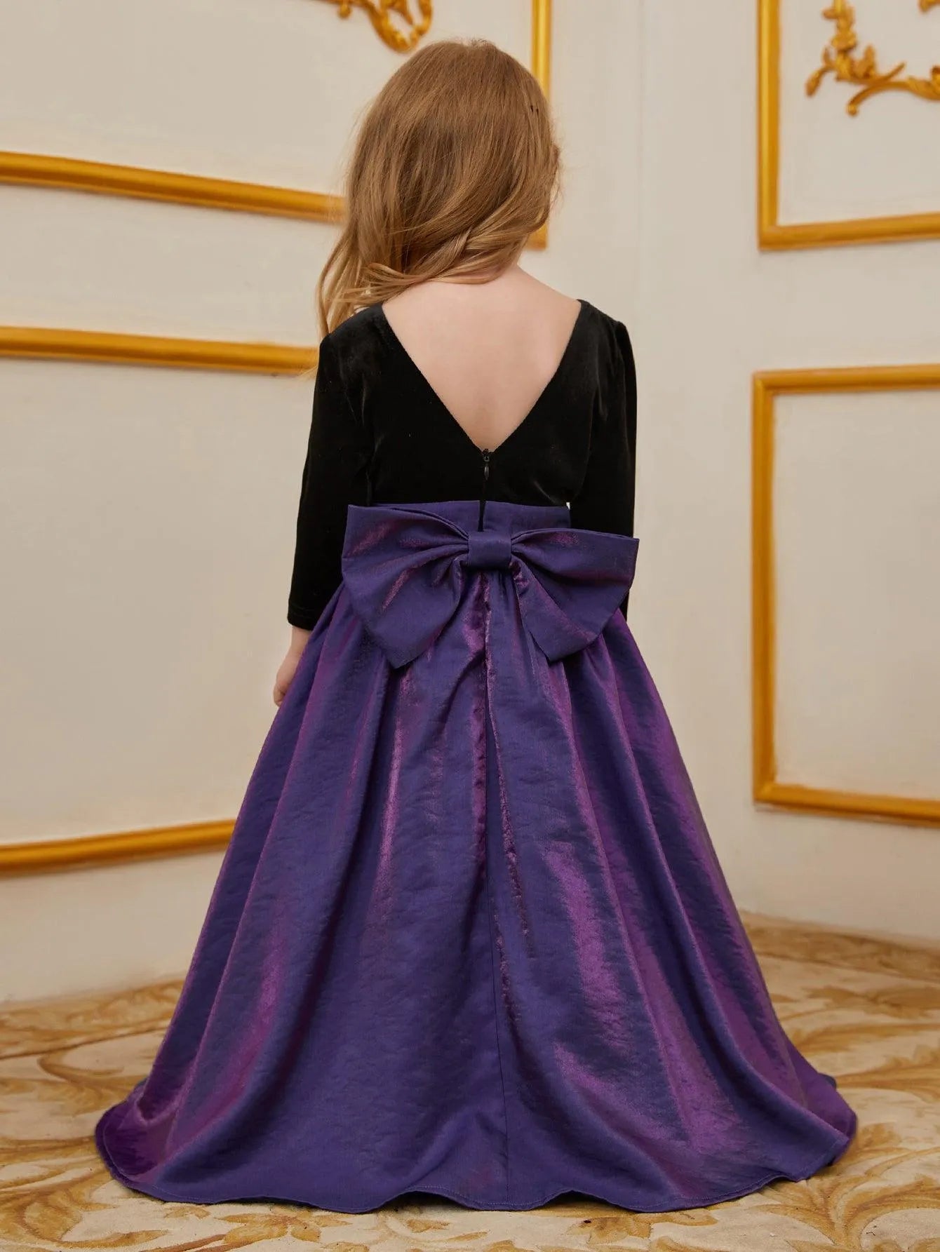 Young Girls' Backless 3/4 Sleeve A Line Dress With Bow