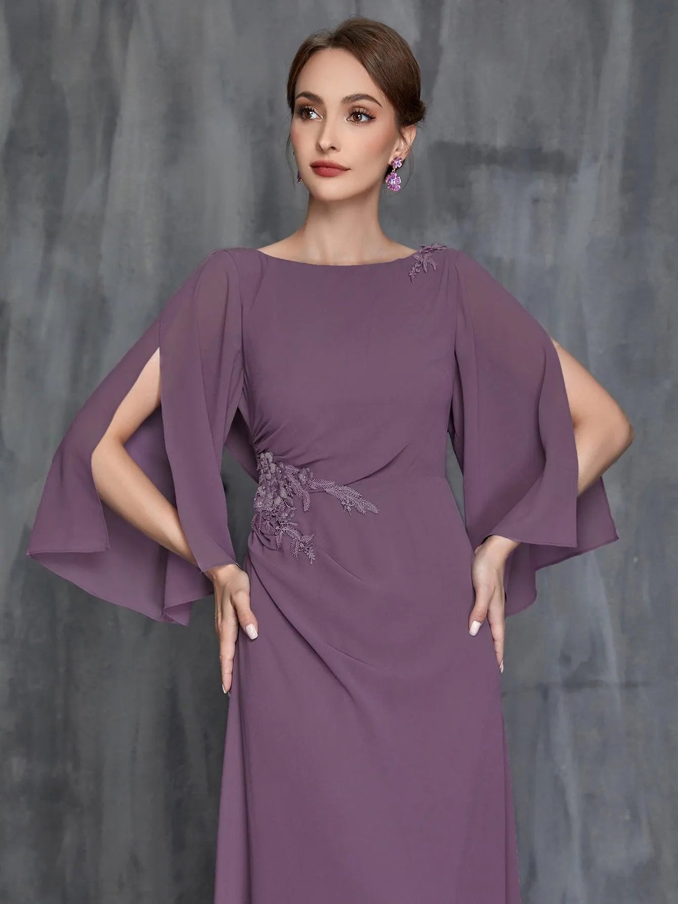 Womens' Applique Decor 3/4 Sleeves Chiffon Formal Dress