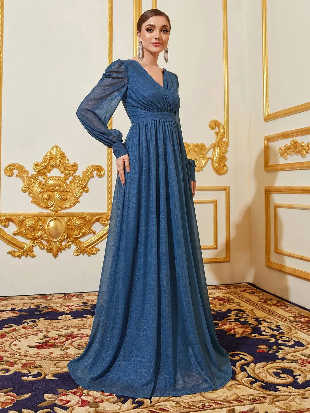 Elegant V Neck Lantern Sleeves Maxi A Line Dress