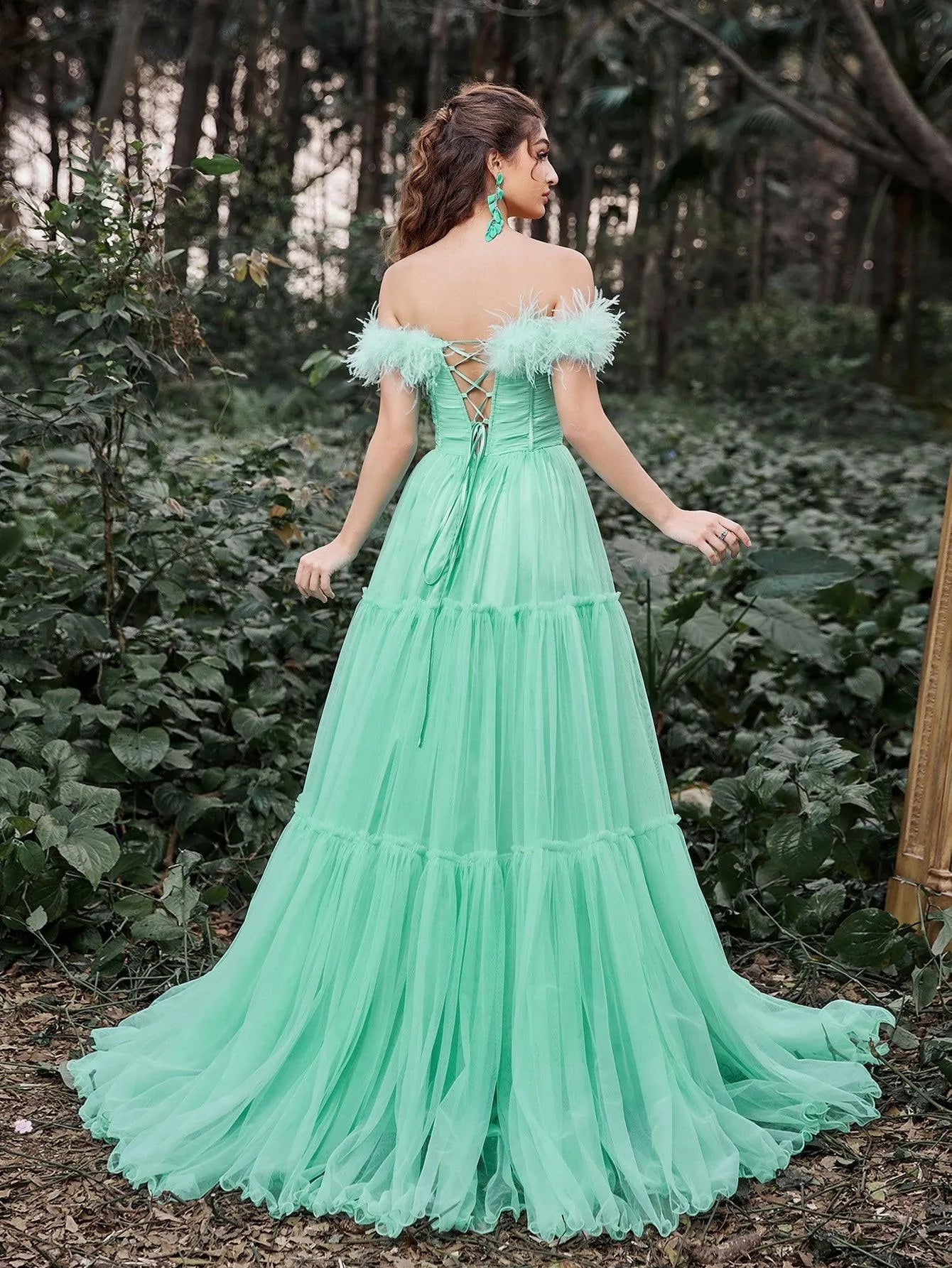 Faeriesty Elegant Feather Trim Off Shoulder Layered Tulle Prom Dress Mint S