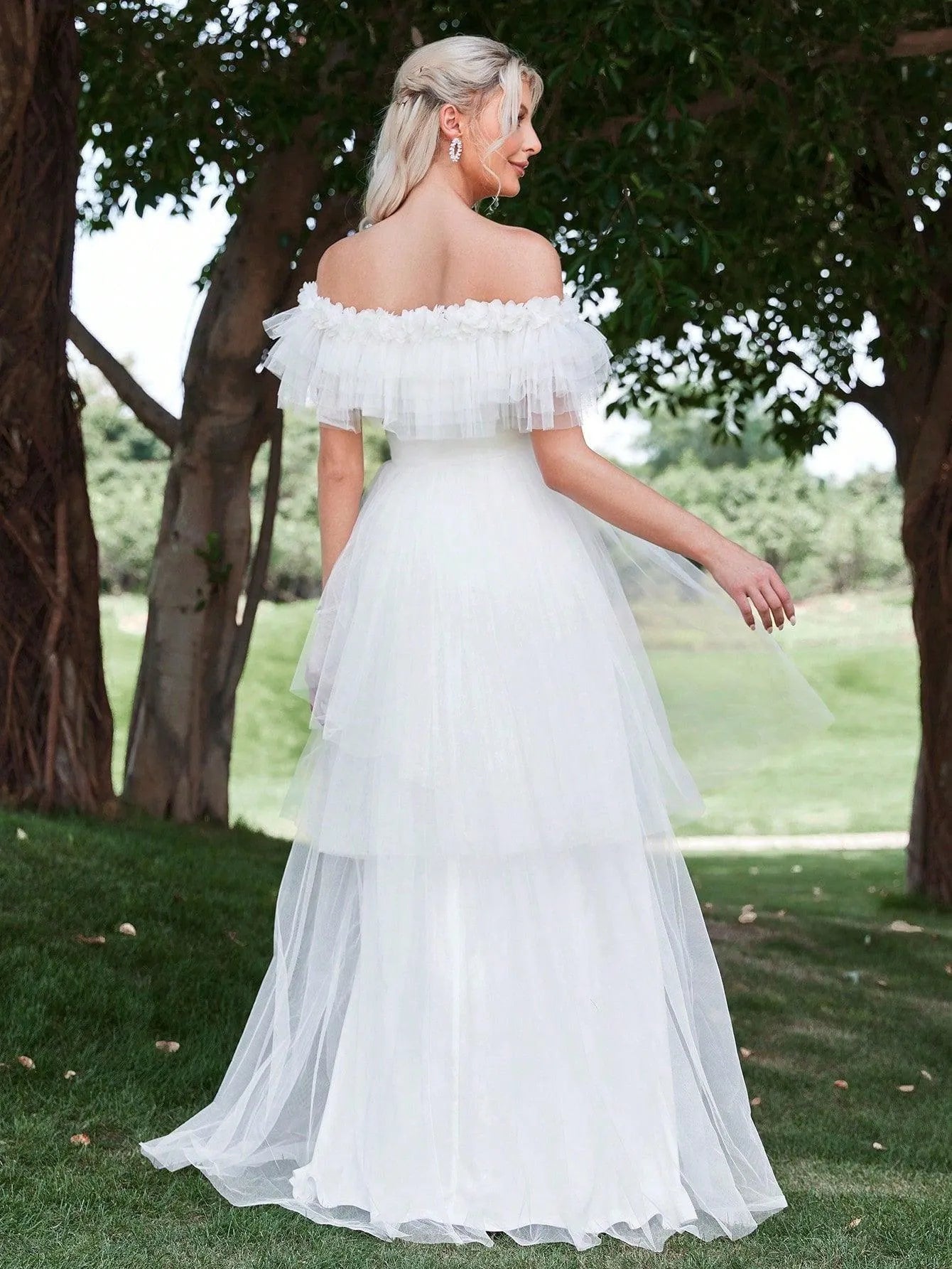 Ruffle Trim Off Shoulder Layered Mesh Wedding Dress