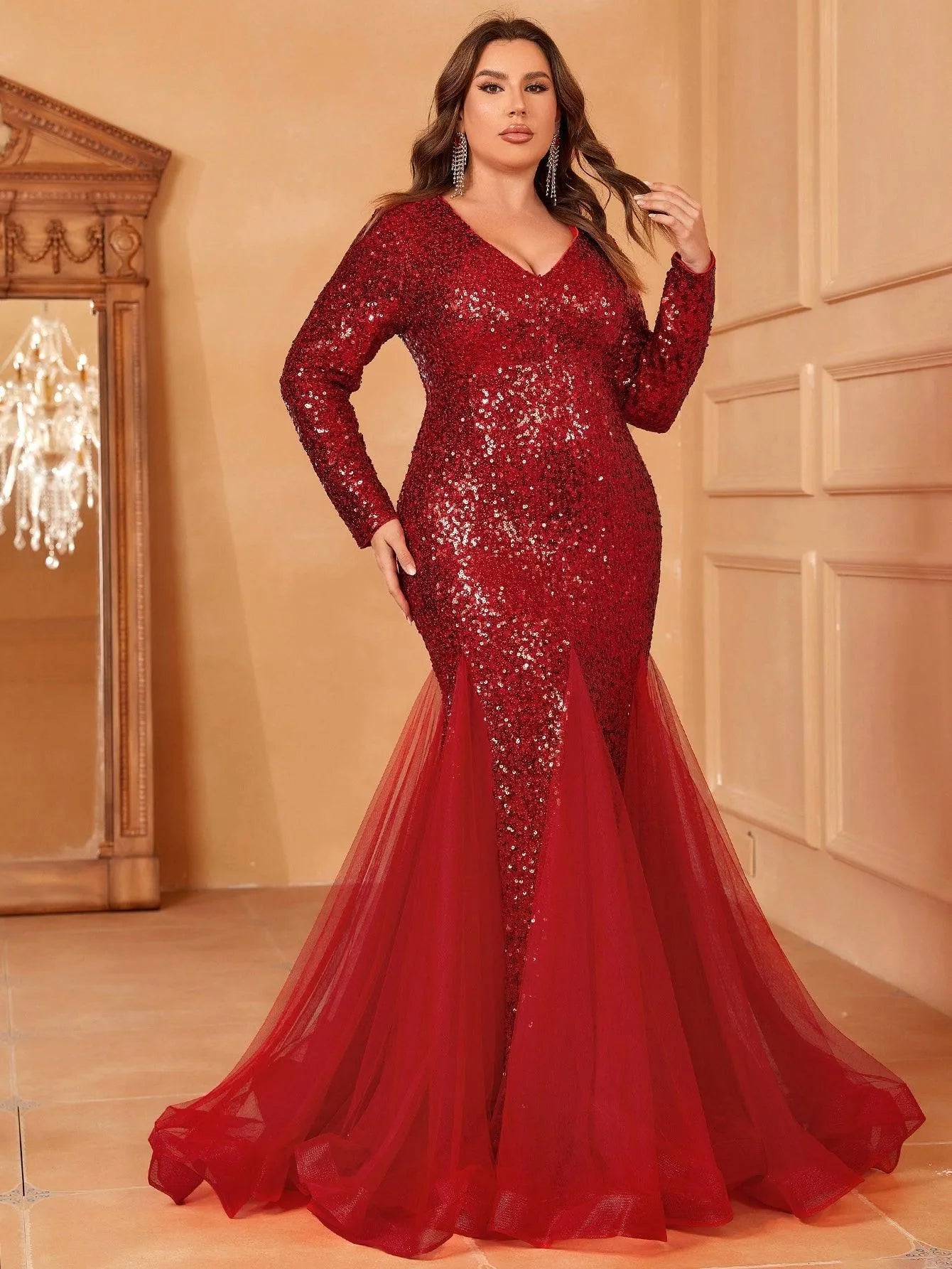 Plus V Neck Long Sleeves Mermaid Dress