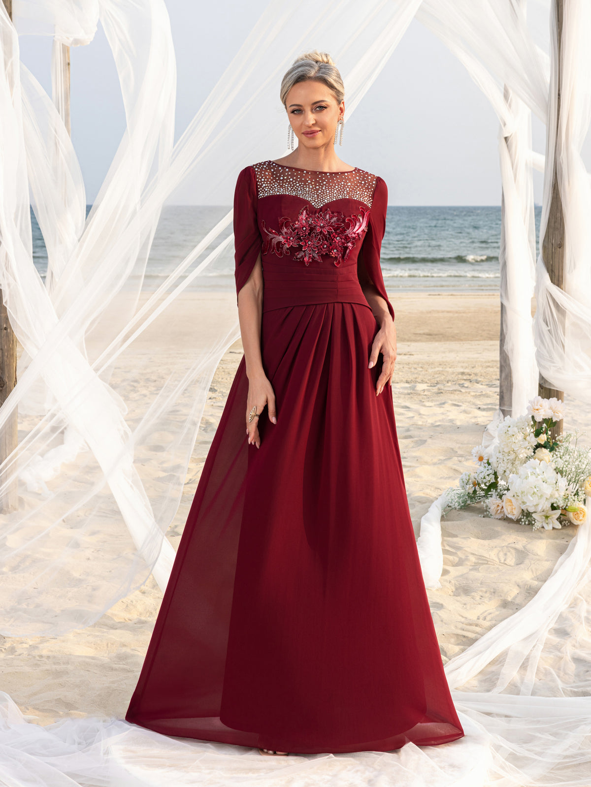Womens' Elegant Mother of the Bride Gown with Rhinestone Neckline & Floral Appliqué – Floor-Length Chiffon Evening Dress for Formal Galas