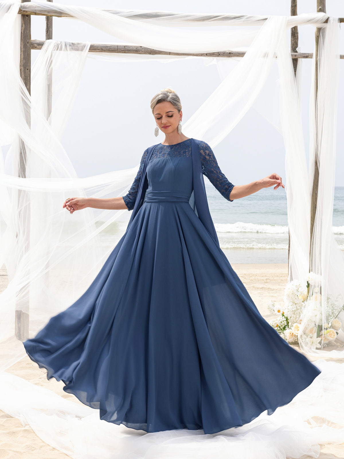 Womens' Lace & Chiffon Mother-of-the-Bride Dress: Flowing Beach Wedding Gown with Mid-Sleeve Detailing & Dramatic Skirt