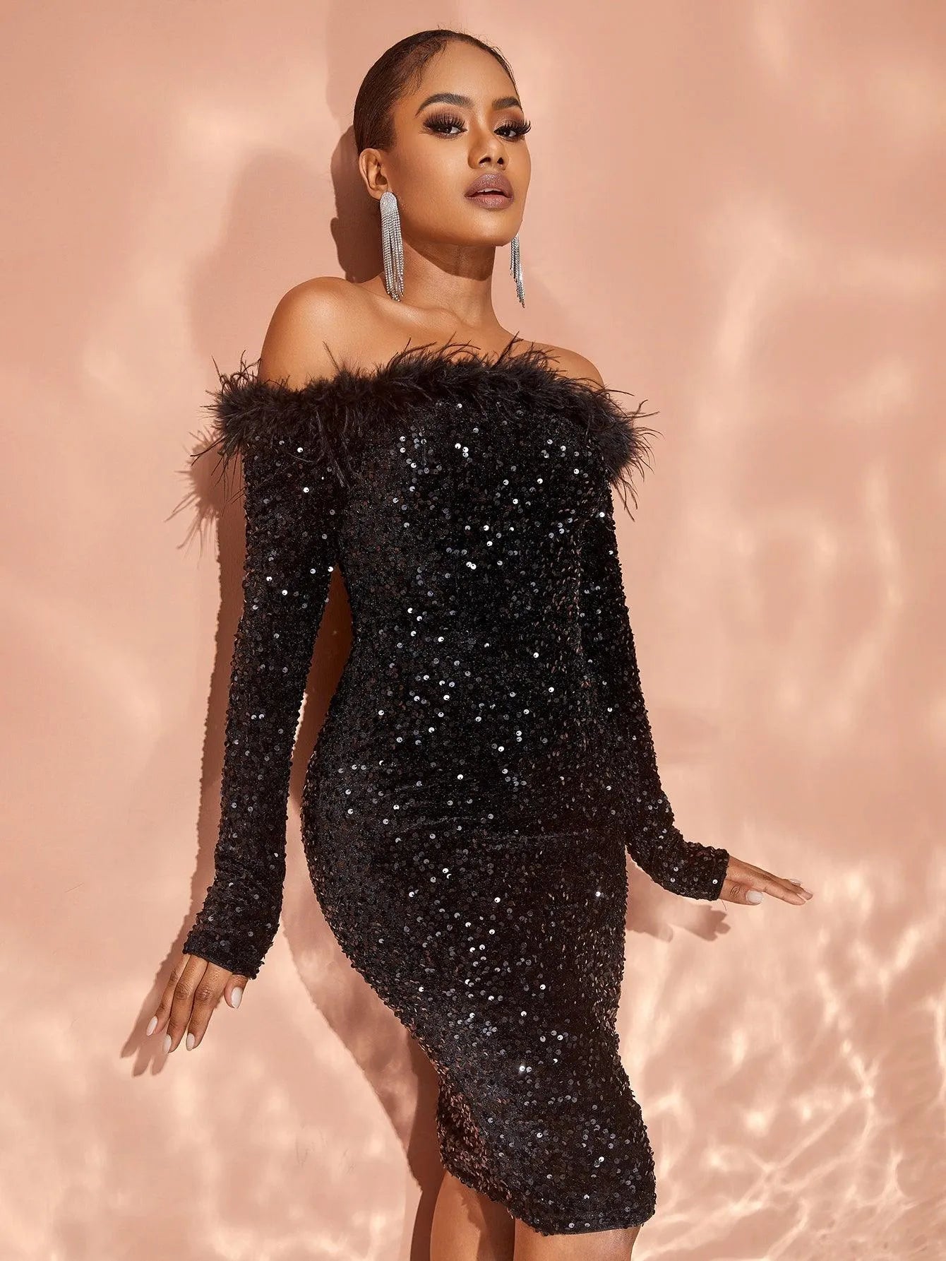 Chic Feather Decor Off Shoulder Sequin Cocktail Dress