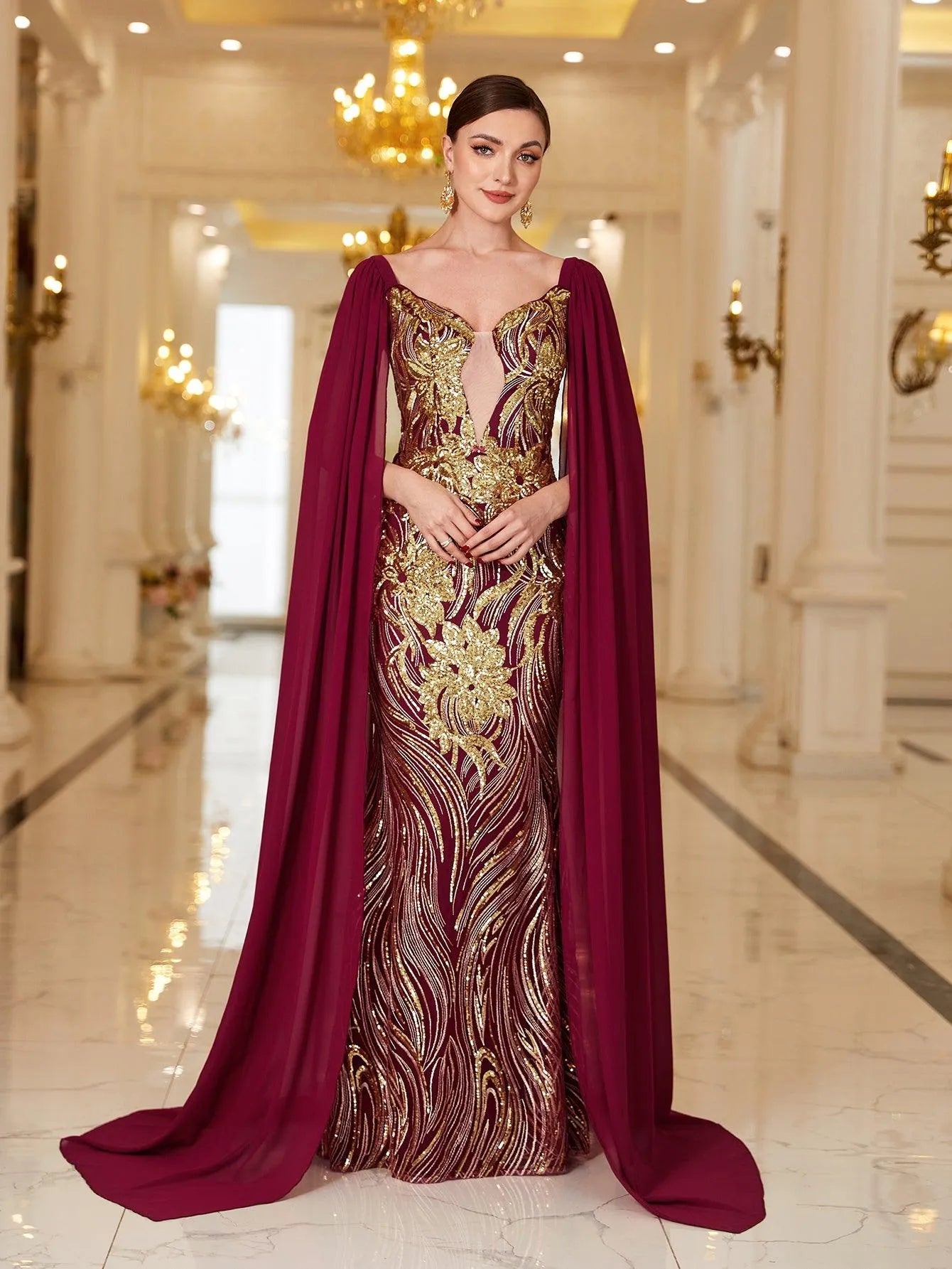 Regal Burgundy Sequin-Embellished Gown