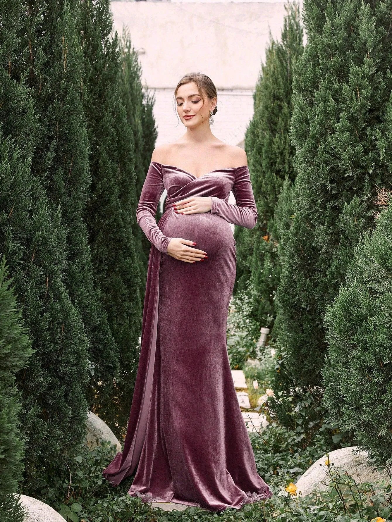 Maternity Off Shoulder Velvet Mermaid Prom Dress