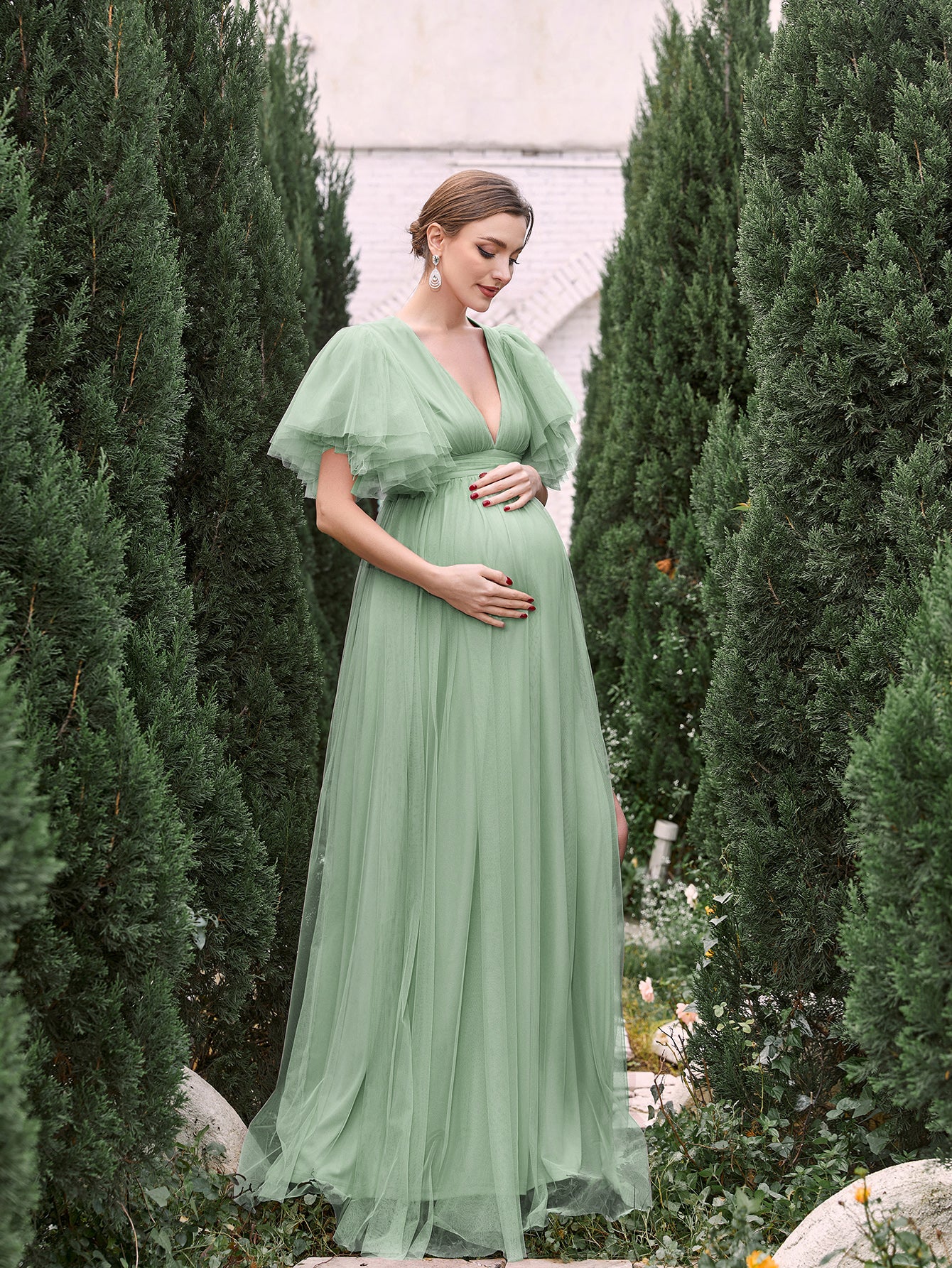 Maternity V Neck Layered Ruffle Sleeves Split Prom Dress