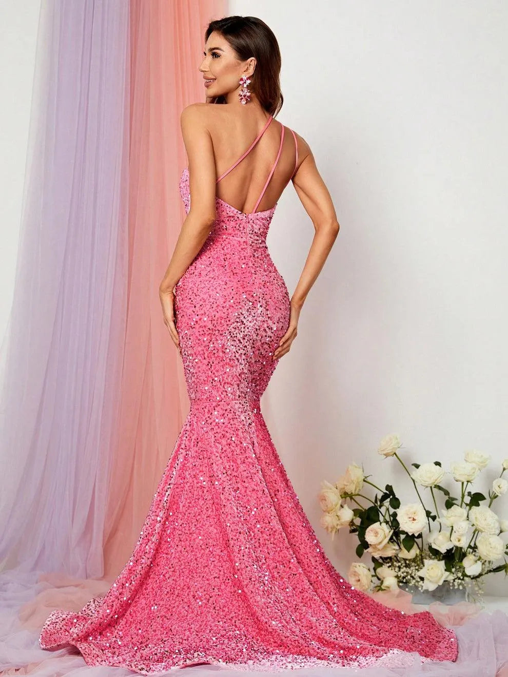 Elegant One Shoulder Sleeveless Sequin Mermaid Dresses - Elonnashop