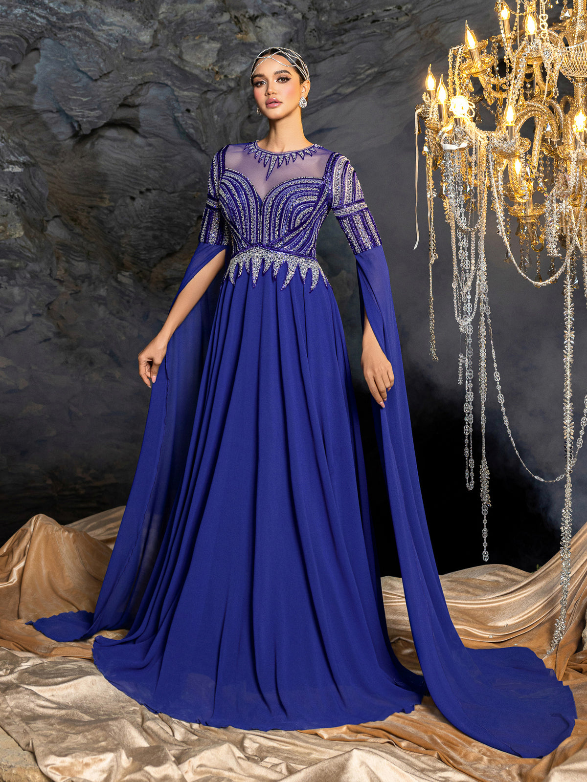 Gorgeous Chiffon Evening Gown with Sequins, Beads & Geometric V-Details, Long Sleeve Cape & Full Flowing Skirt