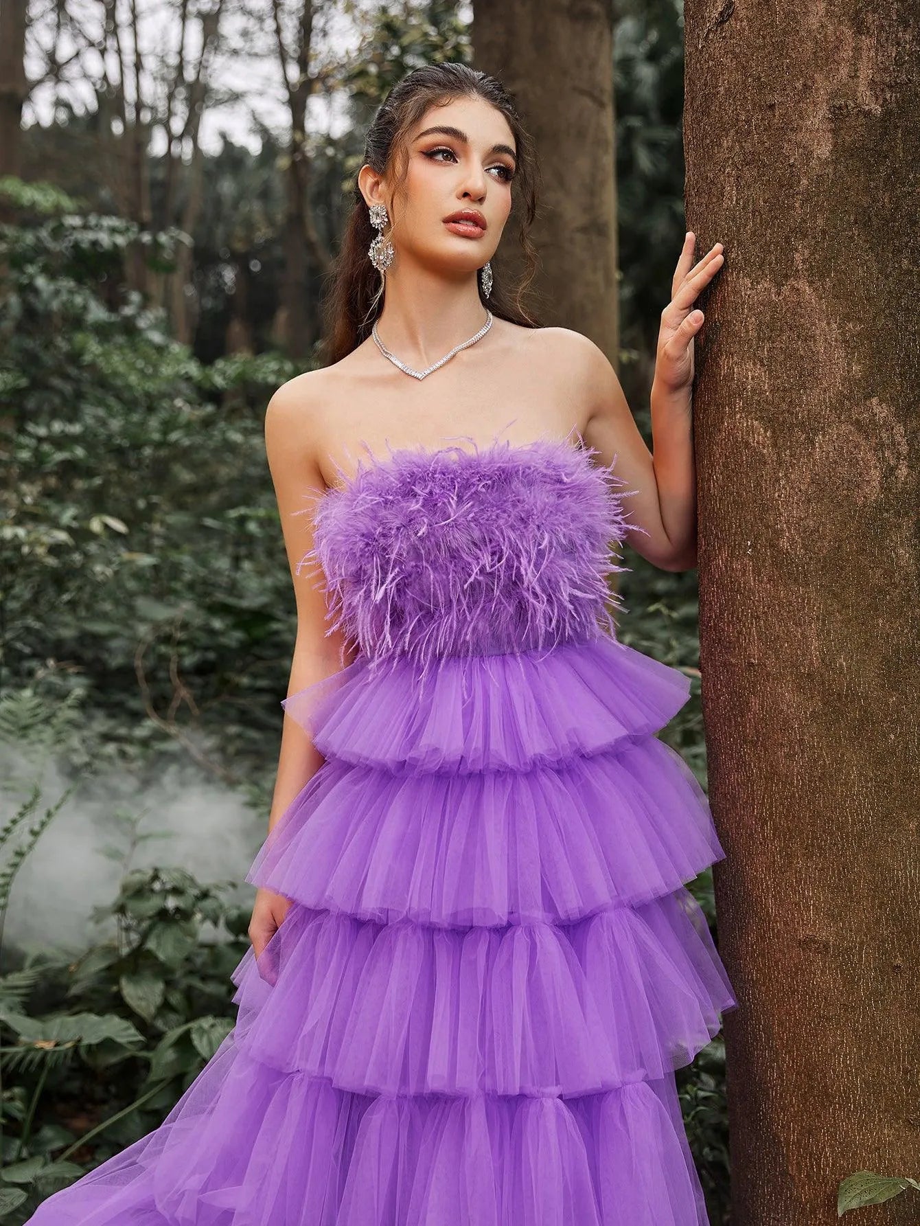 Luxury Feather Bodice Layered Ruffle Tulle Hem Prom Tube Dress