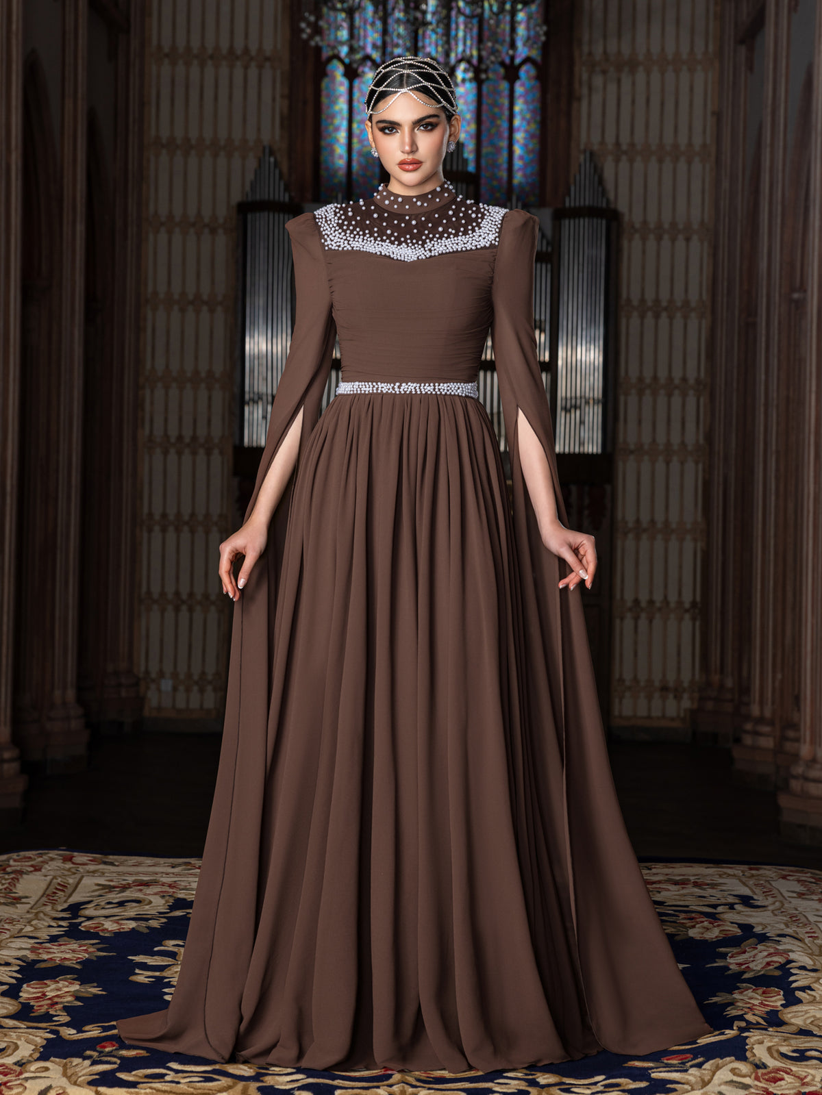 Elegant Mock Neck Extra-Long Sleeves Chiffon Evening Gown with White Bead Accents