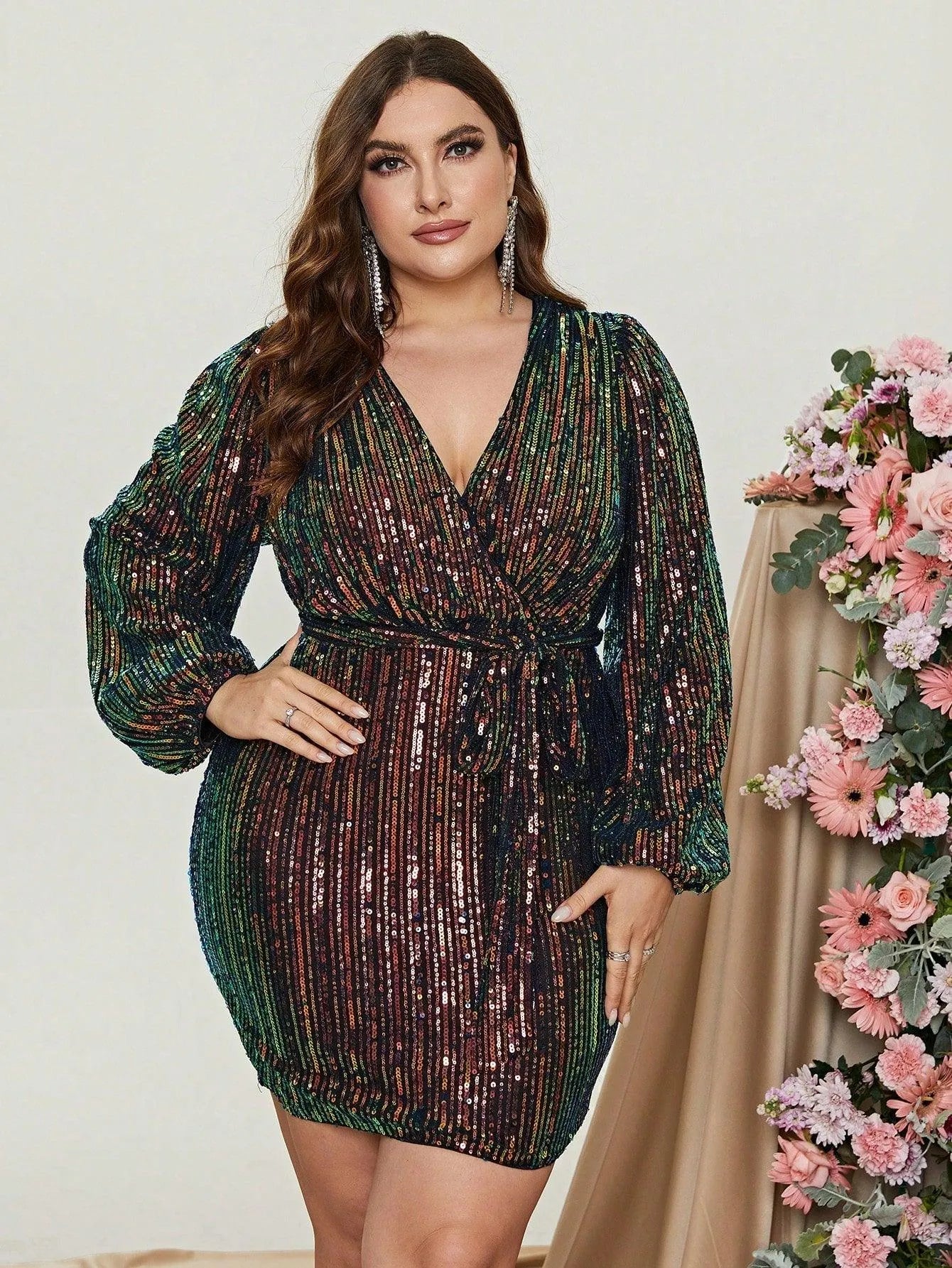 Plus Surplice Neck Lantern Sleeves Sequin Belted Dress