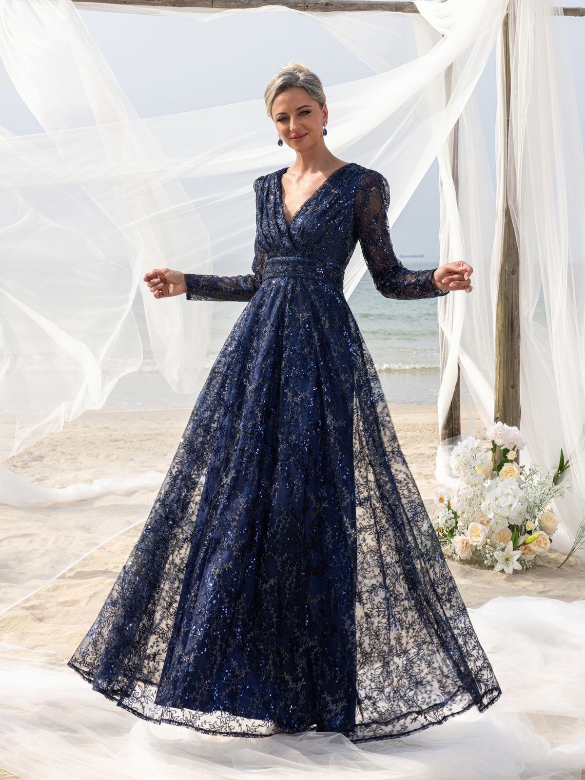 Womens' Elegant Lace & Sequin Evening Gown - V-Neck Long Sleeve Design with Cinched Waist & Flowing A-Line Skirt for Coastal Weddings, Luxury Evening Events