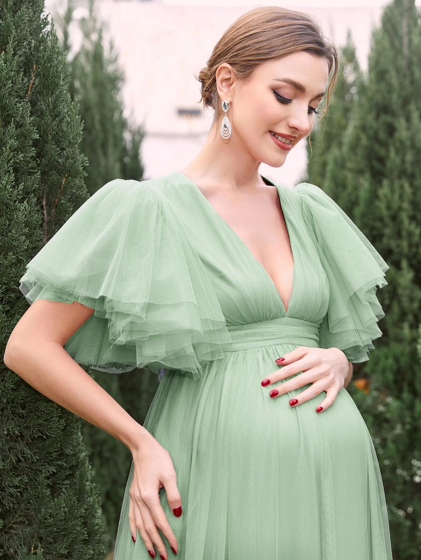 Maternity V Neck Layered Ruffle Sleeves Split Prom Dress