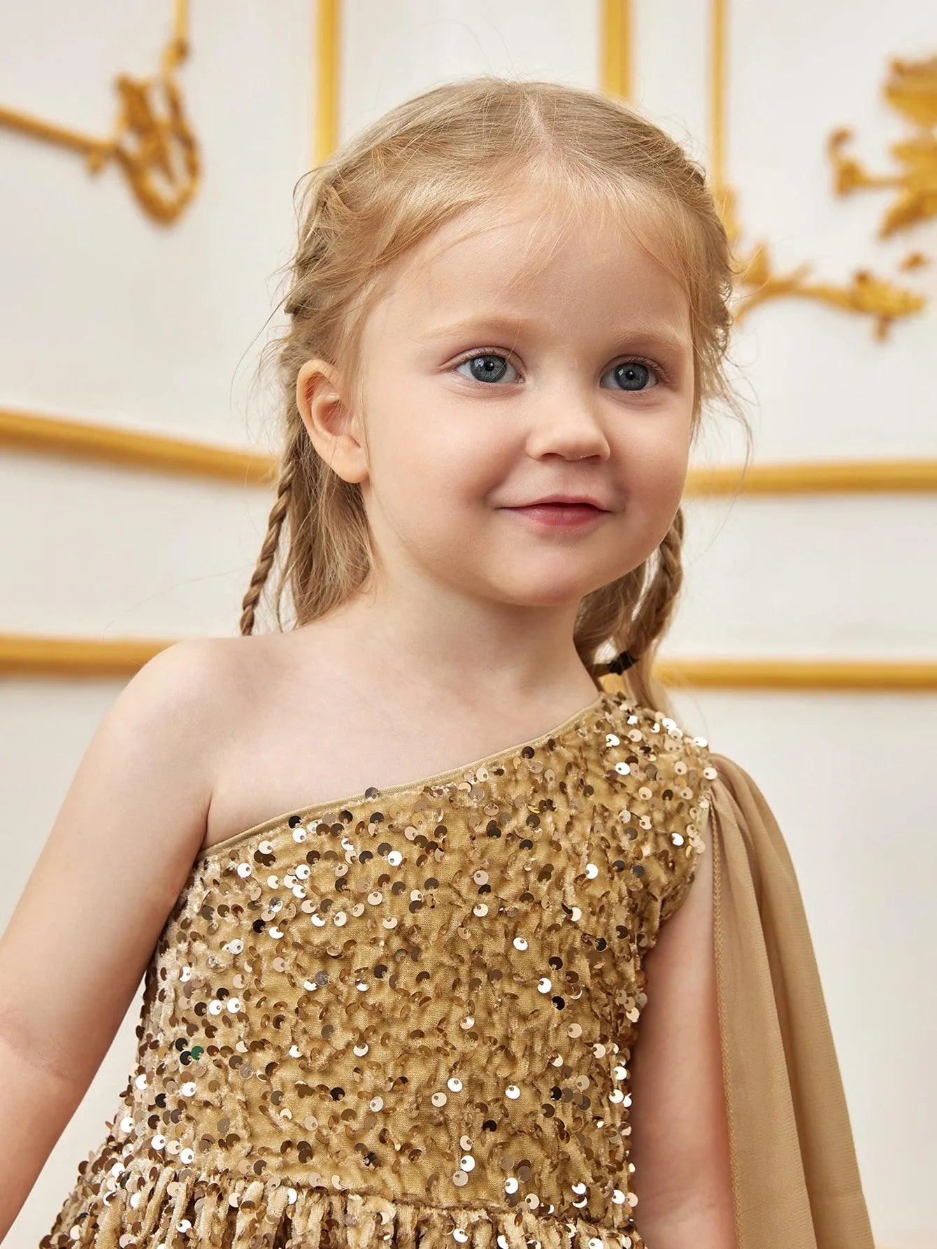 Young Girls' One Shoulder Draped Side Sequin A Line Dress