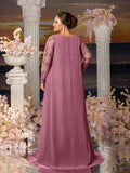 Plus Womens' Elegant Lace Mermaid Gown - Sheer Sleeves & Intricate Lace Patterns with Chiffon Overlay for Beach Weddings, Romantic Coastal Events