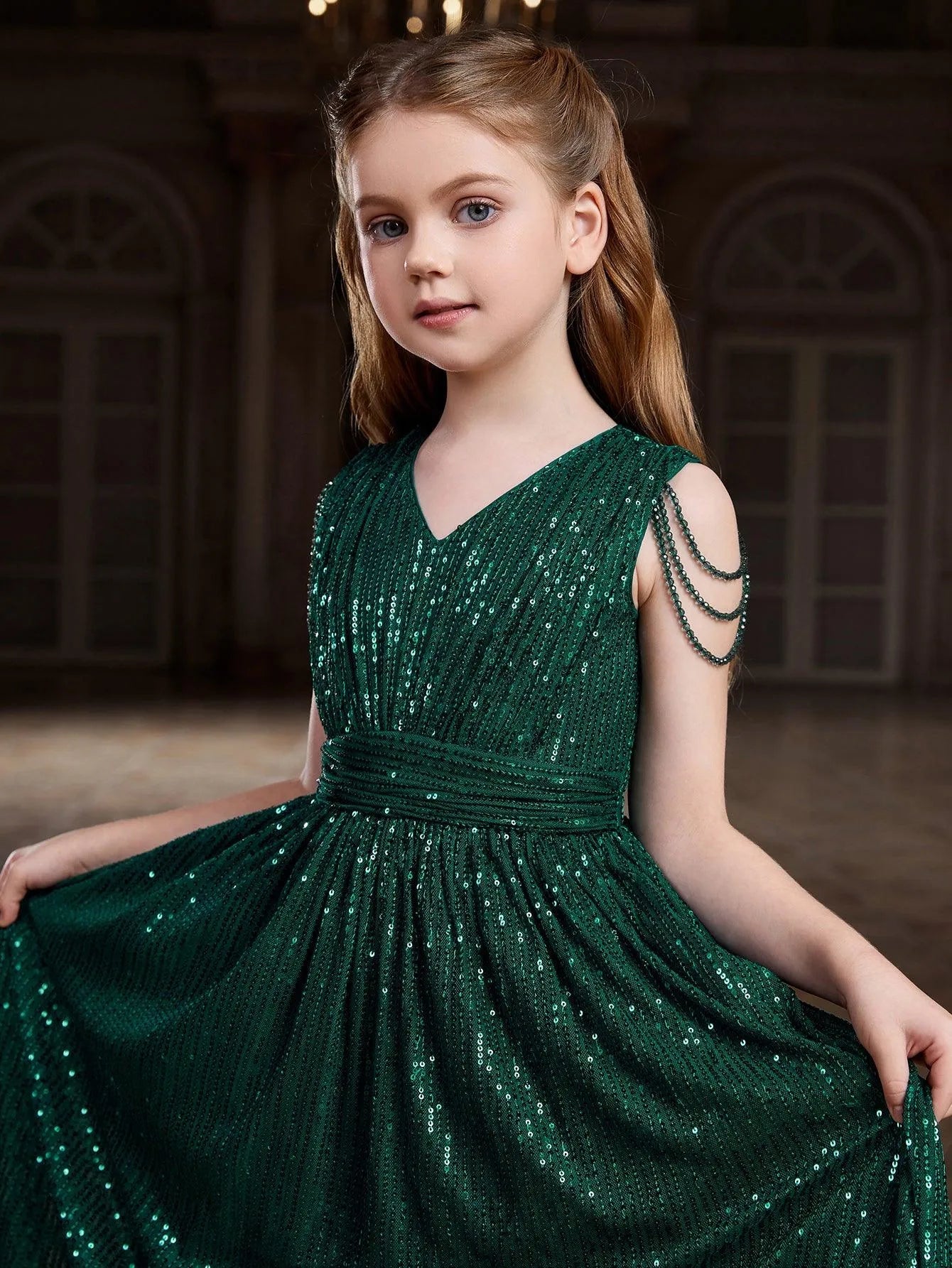 Tween Girls' V Neck Chain Detail Sequin Party Dress