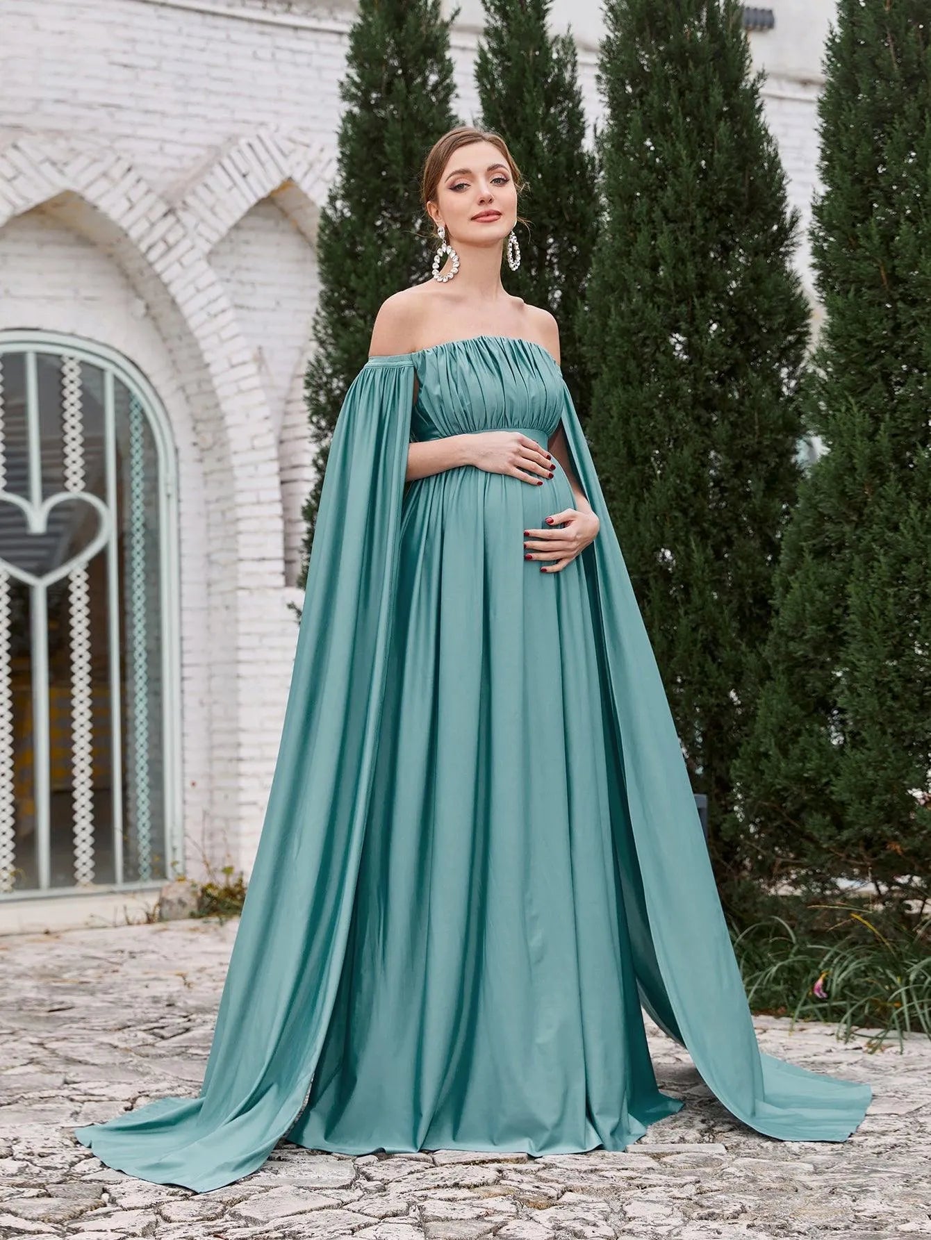 Maternity Off Shoulder Cape Sleeves Maxi Prom Dress