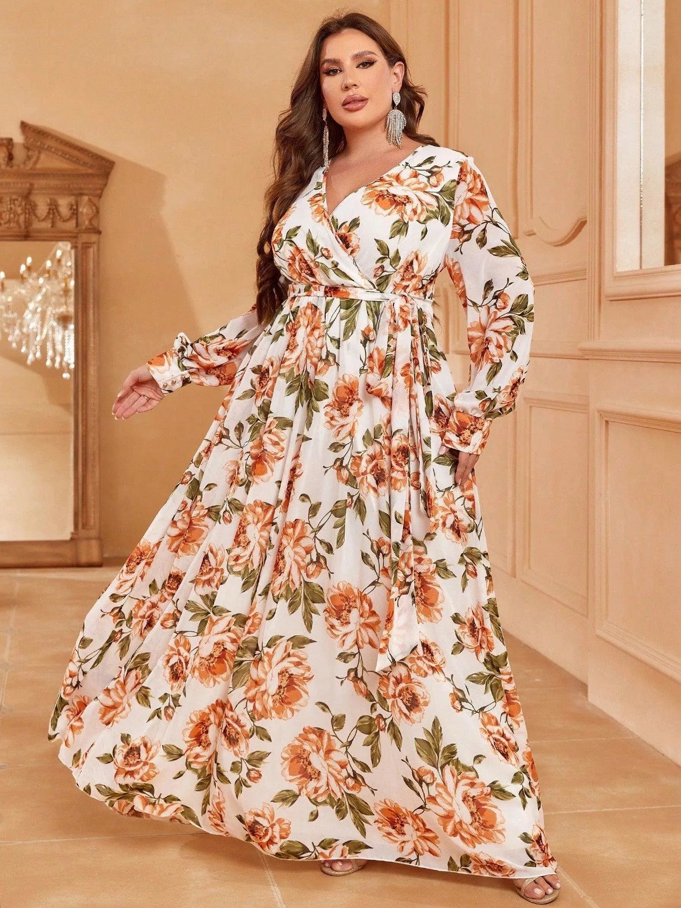 Plus V Neck Long Sleeve Floral Chiffon Dresses