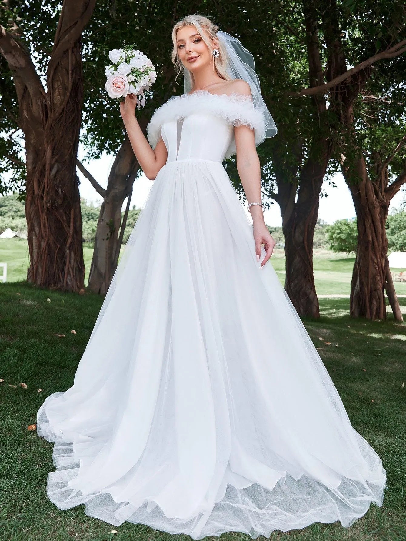 Ruffle Trim Off Shoulder A Line Wedding Dress