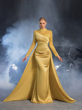 Elegant Beaded Sheer Long Sleeve Gown | High Neck & Satin Mermaid Skirt