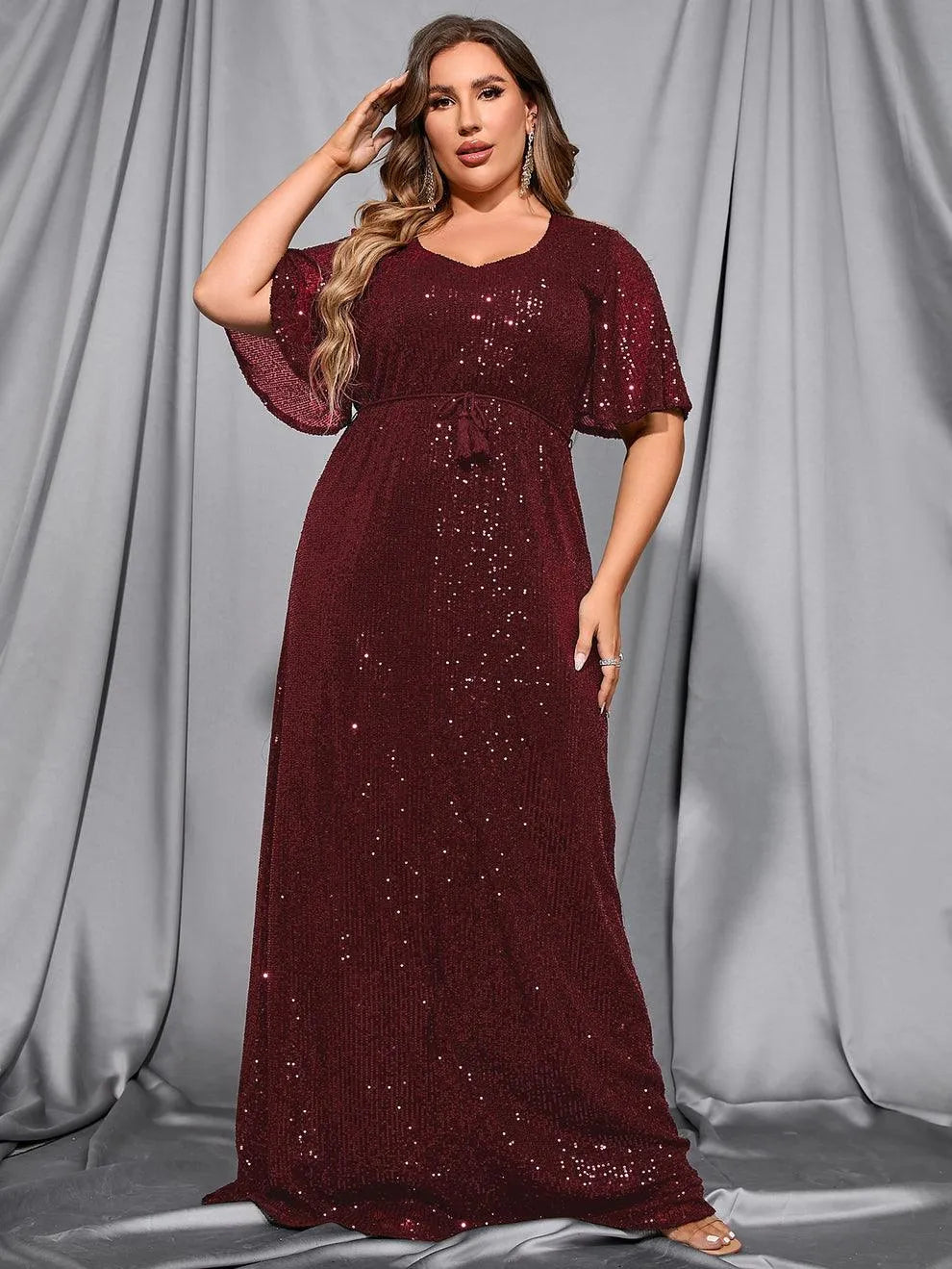 Plus Butterfly Sleeve Sequin Prom Dress