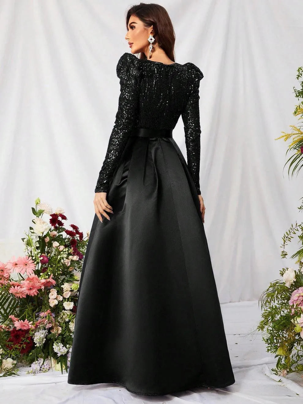 Elegant V Neck Gigot Sleeve Slit A Line Prom Dress