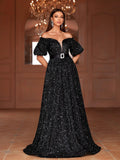 Off Shoulder Puff Sleeves Sequin A Line Dresses - Elonnashop