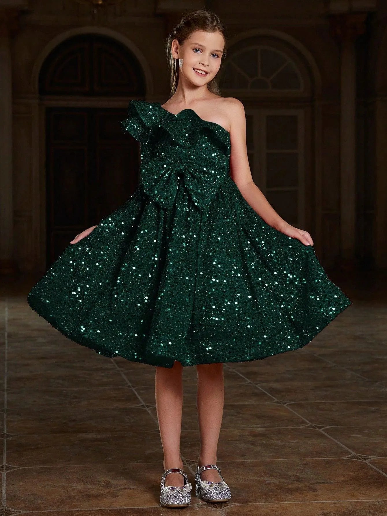 Tween Girls' One Shoulder Layered Ruffle Trim Sequin Party Dress - Elonnashop