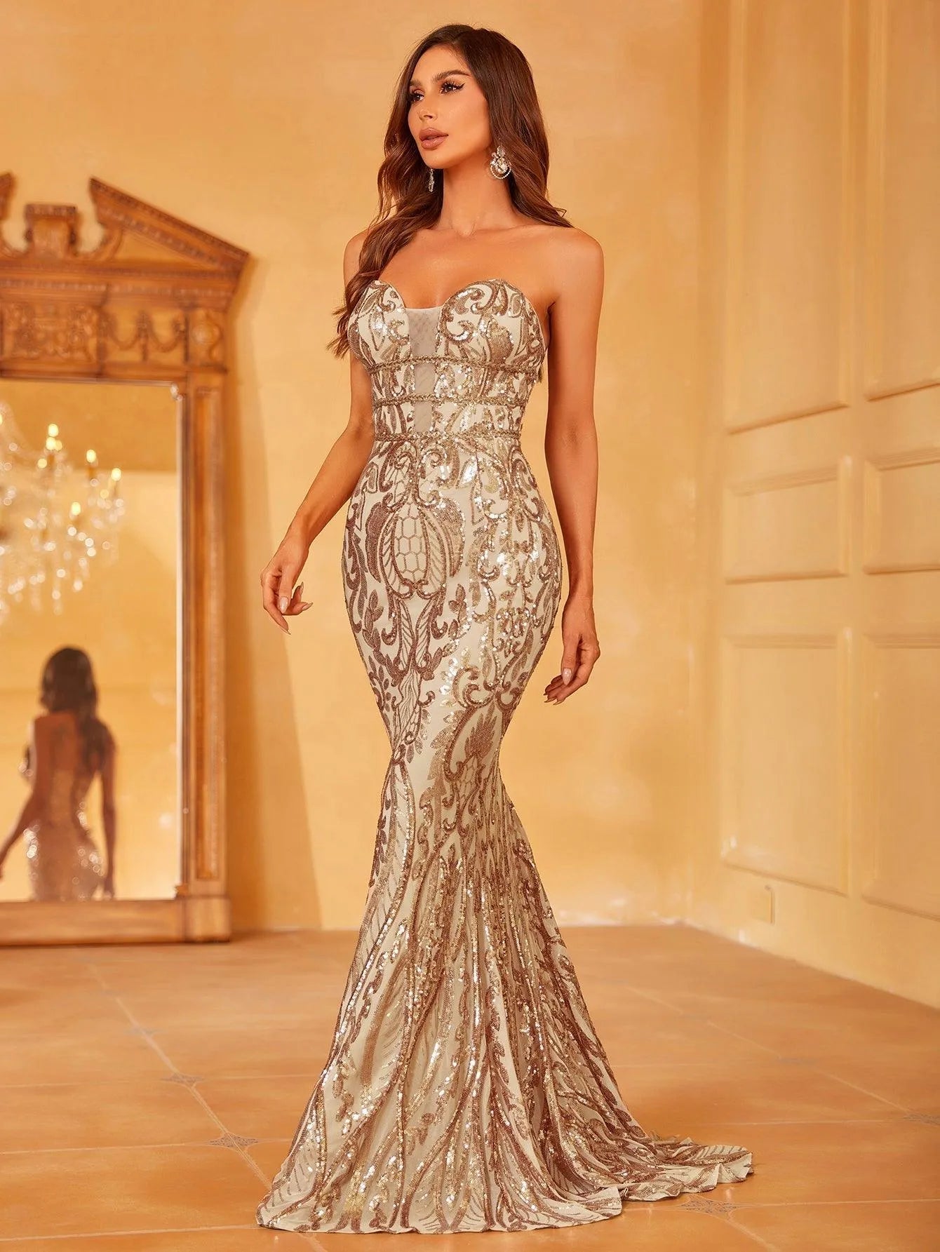 Mesh Insert Sequin Tube Mermaid Party Dress