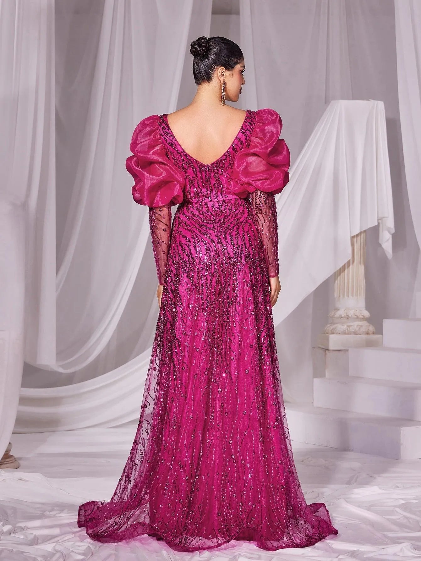 Gorgeous Plunging Neck Gigot Sleeves Maxi Prom Dress