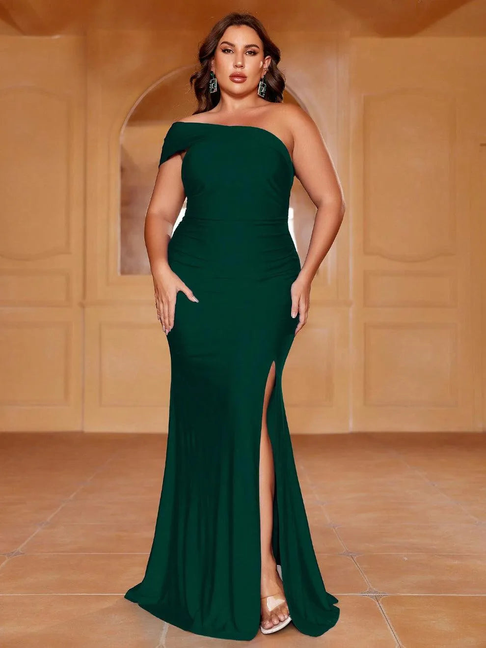 Plus One Shoulder Slit Mermaid Hem Dress