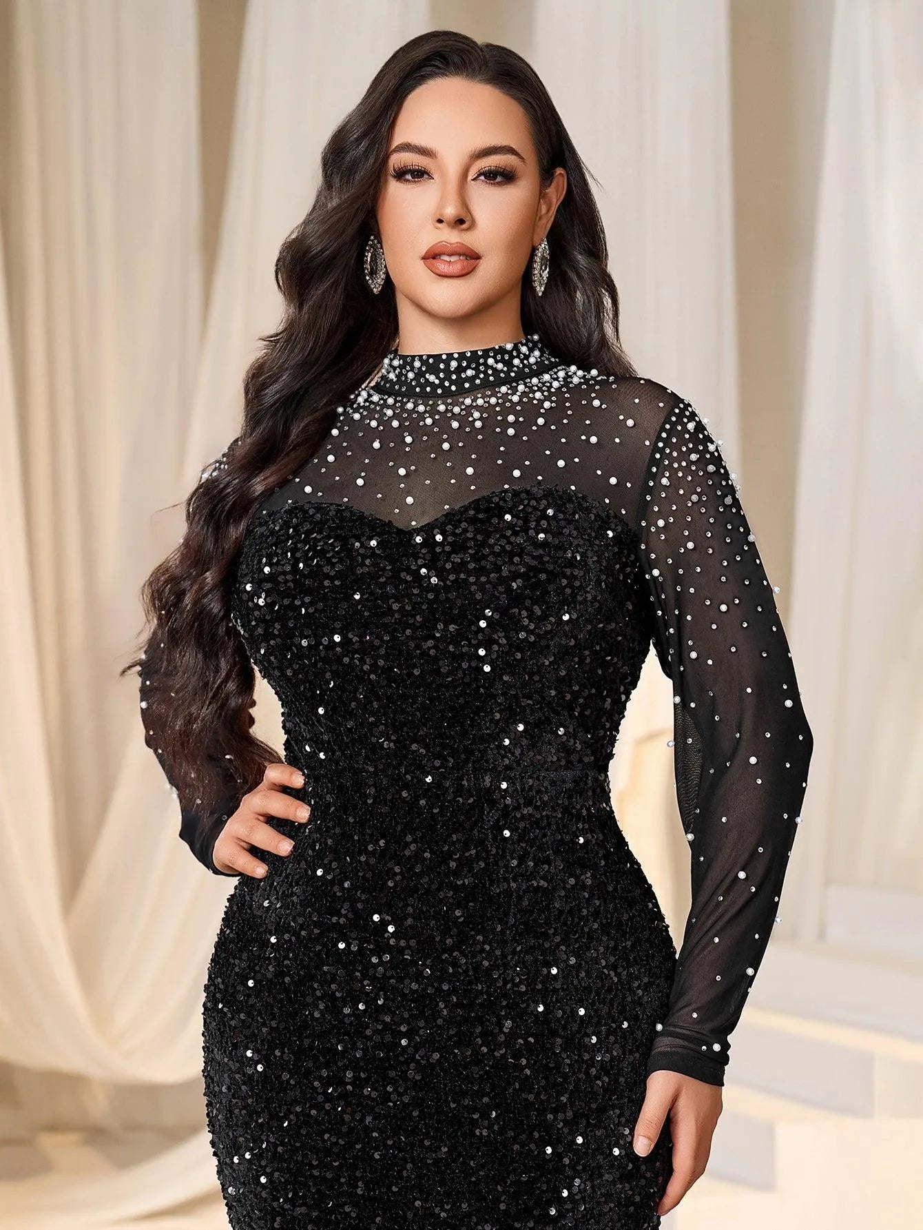 Plus Pearl Decor Mock Neck Sequin Mermaid Dress