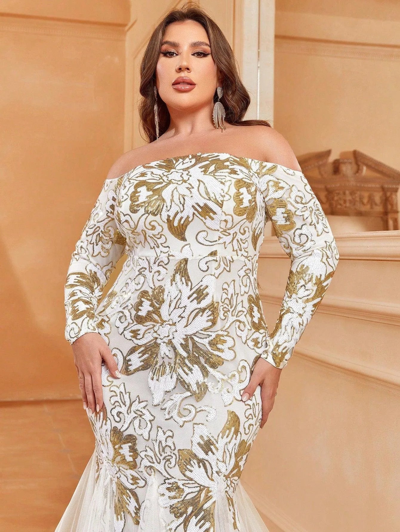 Plus Off Shoulder Long Sleeve Floral Sequin Mermaid Dresses