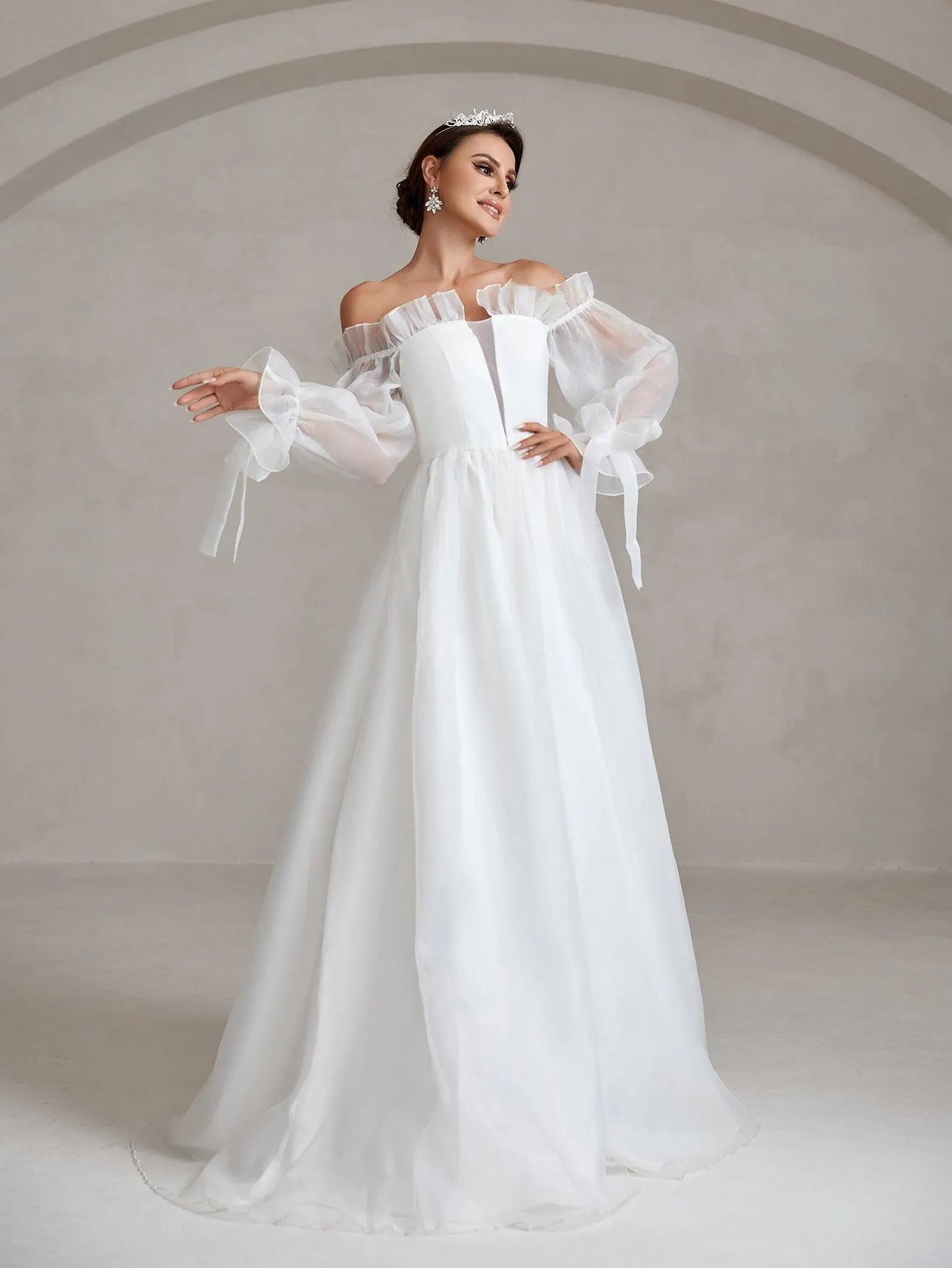 Ruffle Trim Off Shoulder Flounce Sleeve A Line Wedding Dress