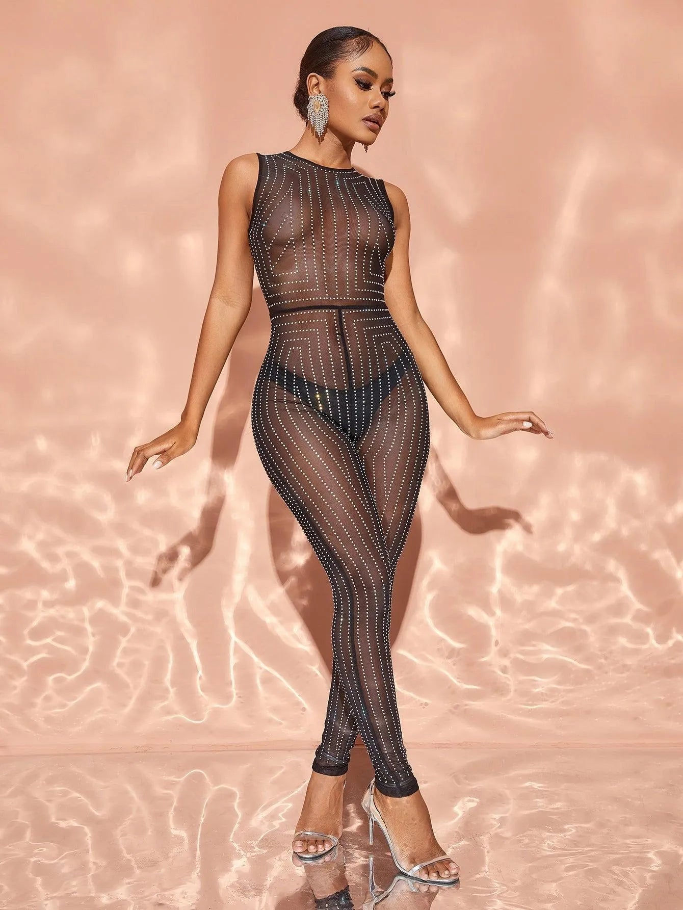 Chic Rhinestone Detail Sleeveless Sheer Mesh Jumpsuit