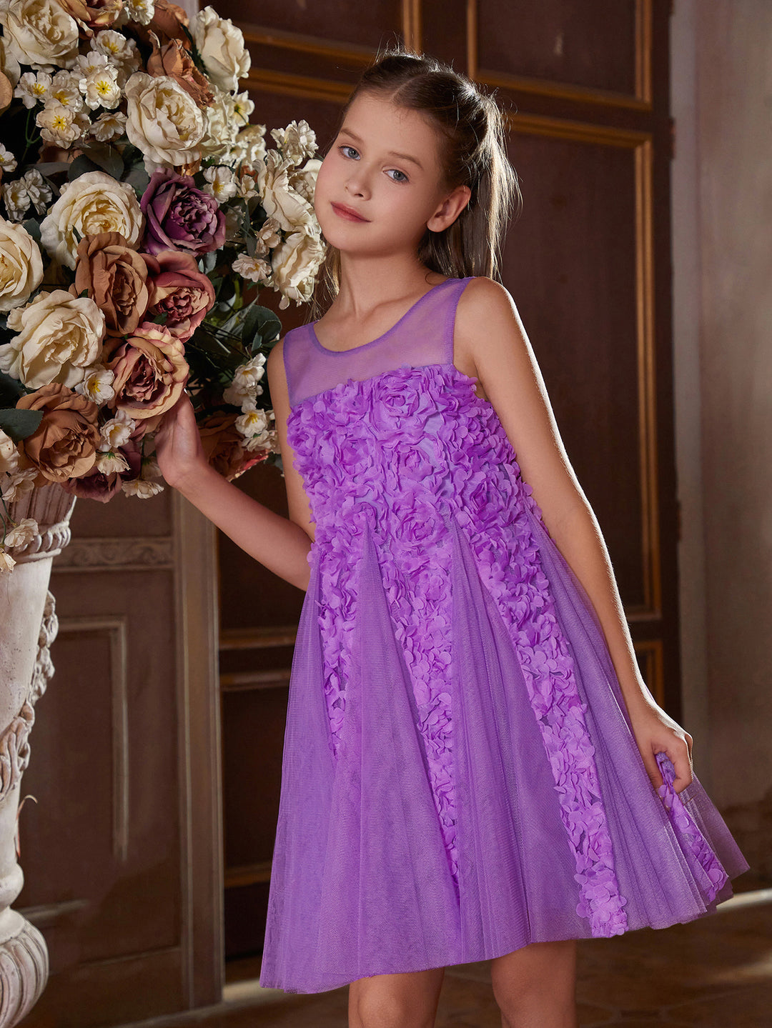 Girl's Applique Decor Puff Sleeve Sequin A Line Dress