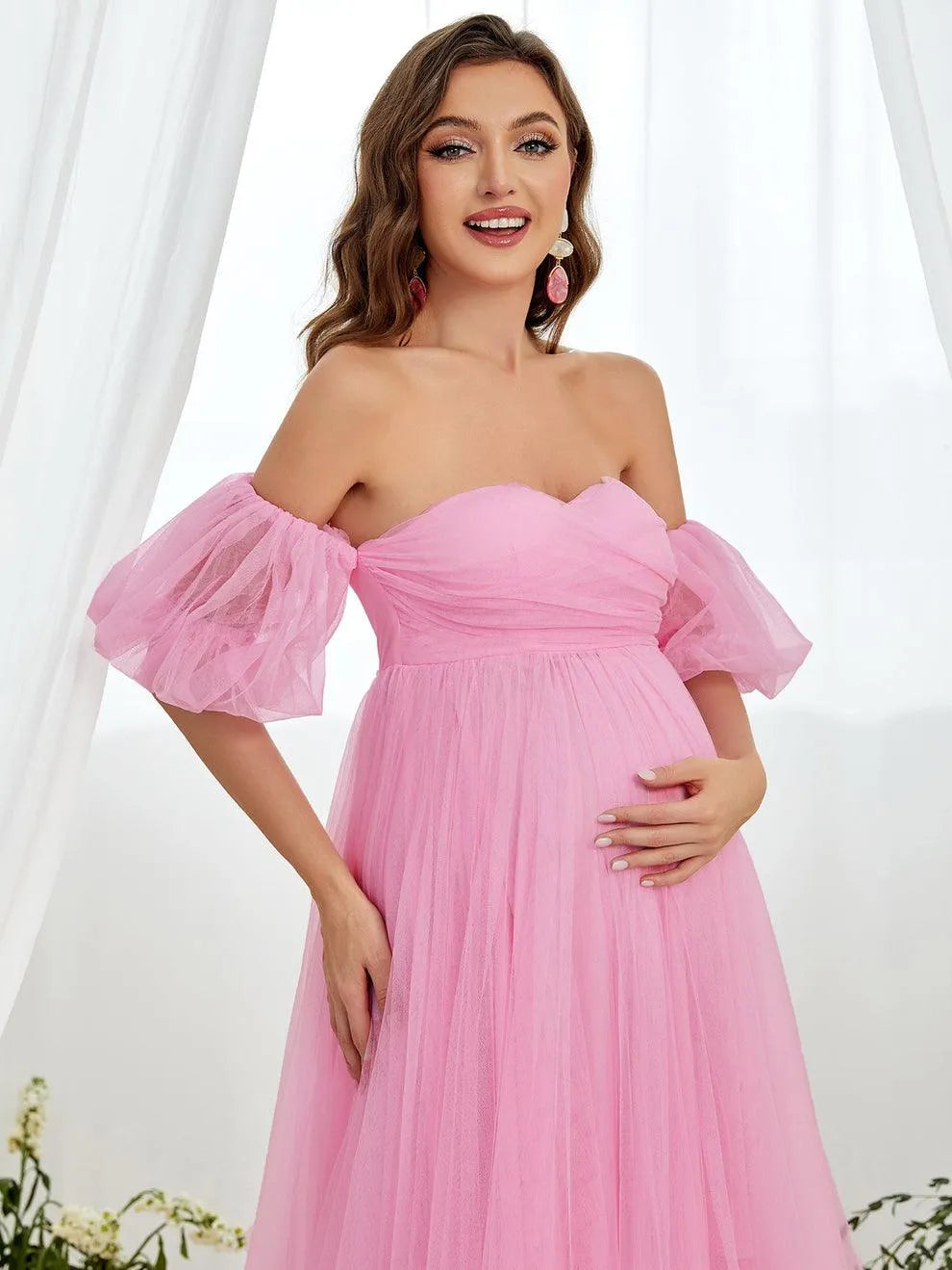 Maternity Off Shoulder Puff Sleeve Mesh Overlay Dress