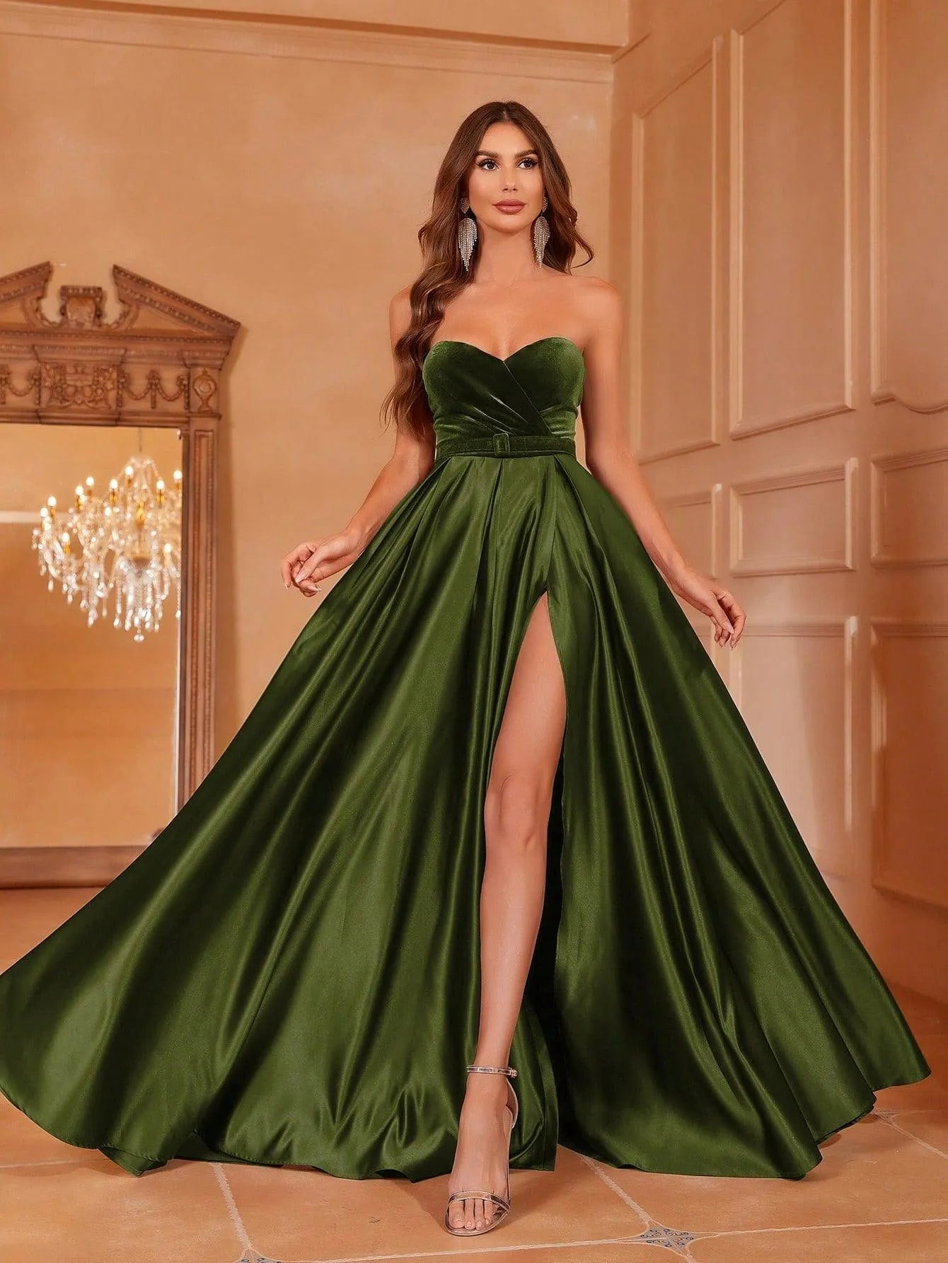 Velvet Bodice Contrast Satin Hem Tube Prom Dress