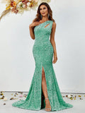 One Shoulder Cut Out Split Thigh Sequin Mermaid Dresses - Elonnashop