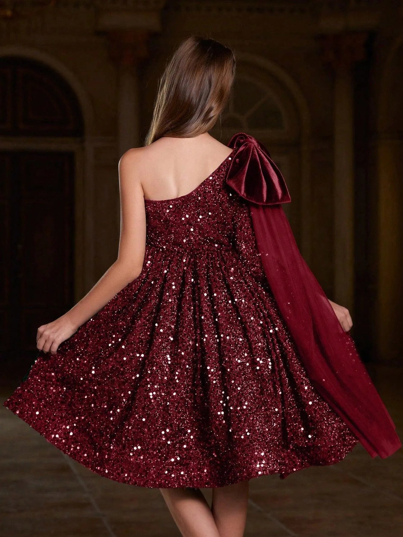 Tween Girls' One Shoulder Bow Detail Sequin Party Dress - Elonnashop
