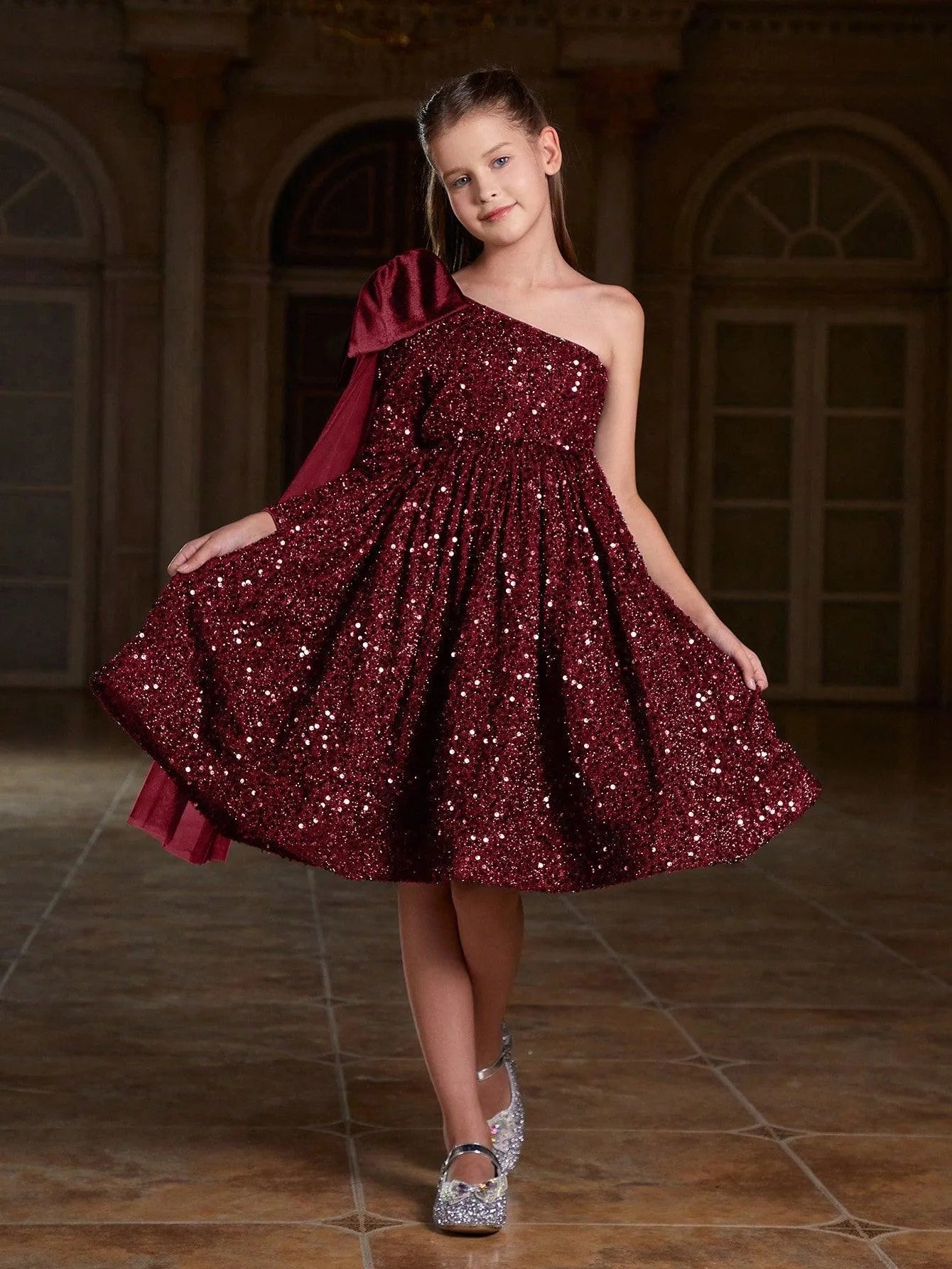 Tween Girls' One Shoulder Bow Detail Sequin Party Dress - Elonnashop