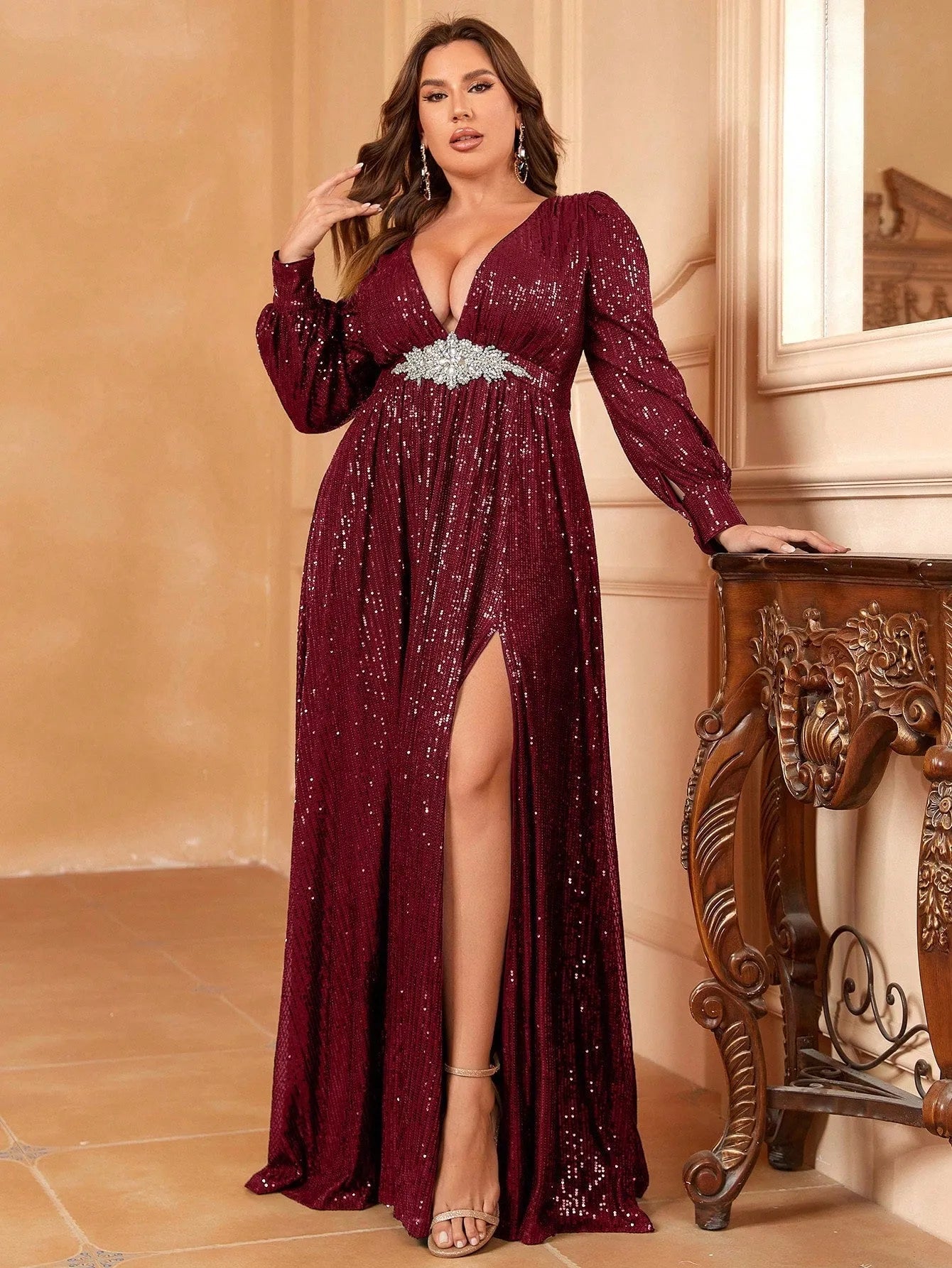 Plus Rhinestone Decor Plunging Neck Sequin Slit Dress